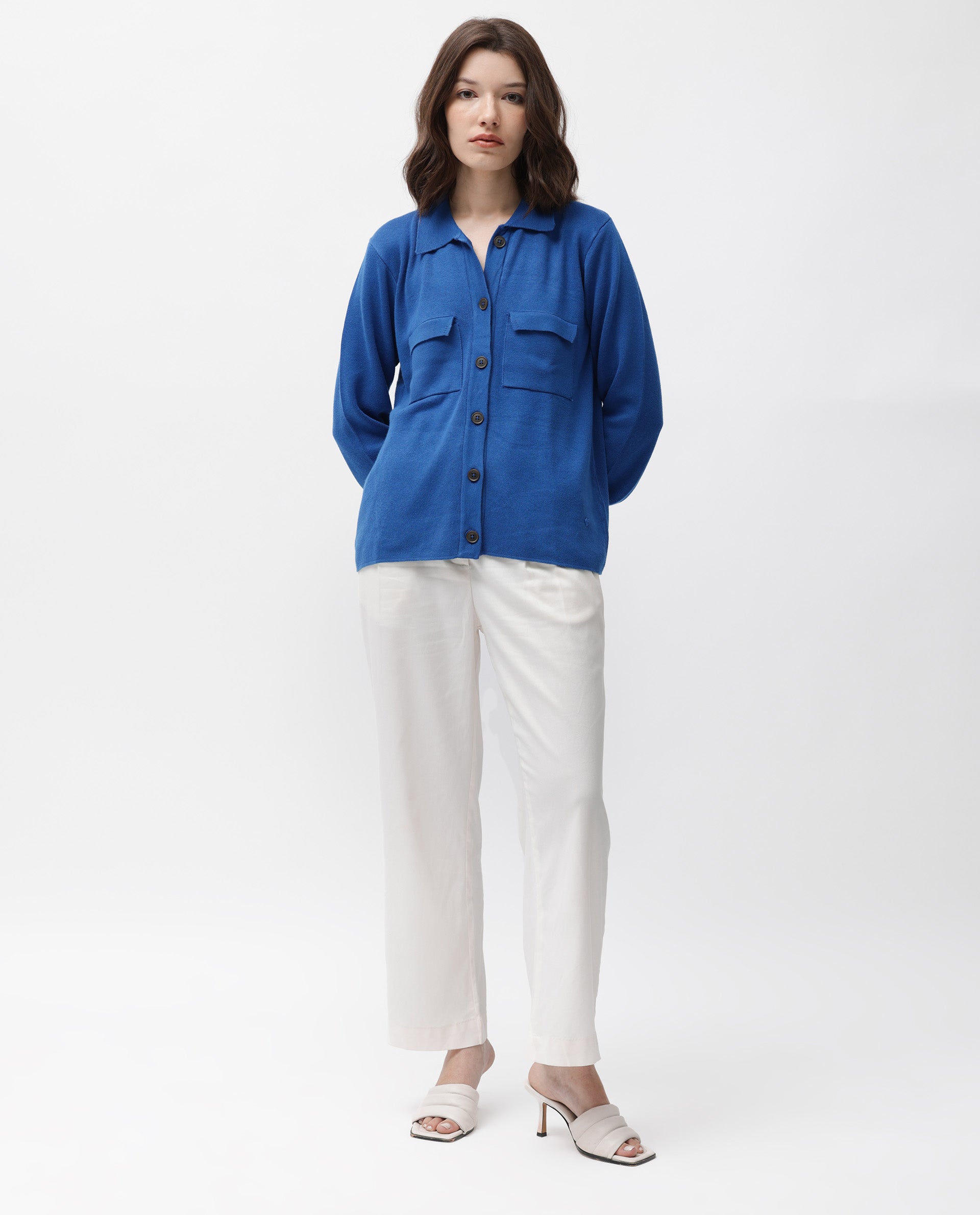 Rareism Women Korn Blue Viscose Fabric Full Sleeves Regular Fit Solid Shirt Collar Sweater