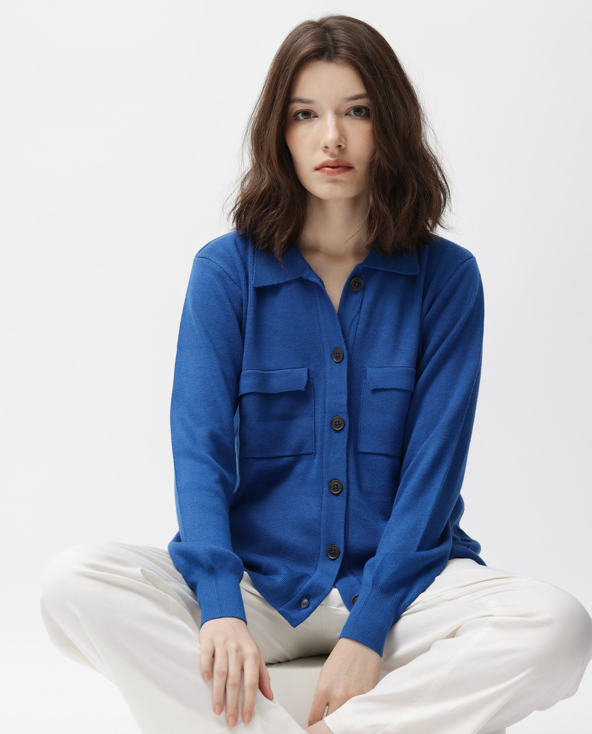 Rareism Women Korn Blue Viscose Fabric Full Sleeves Regular Fit Solid Shirt Collar Sweater