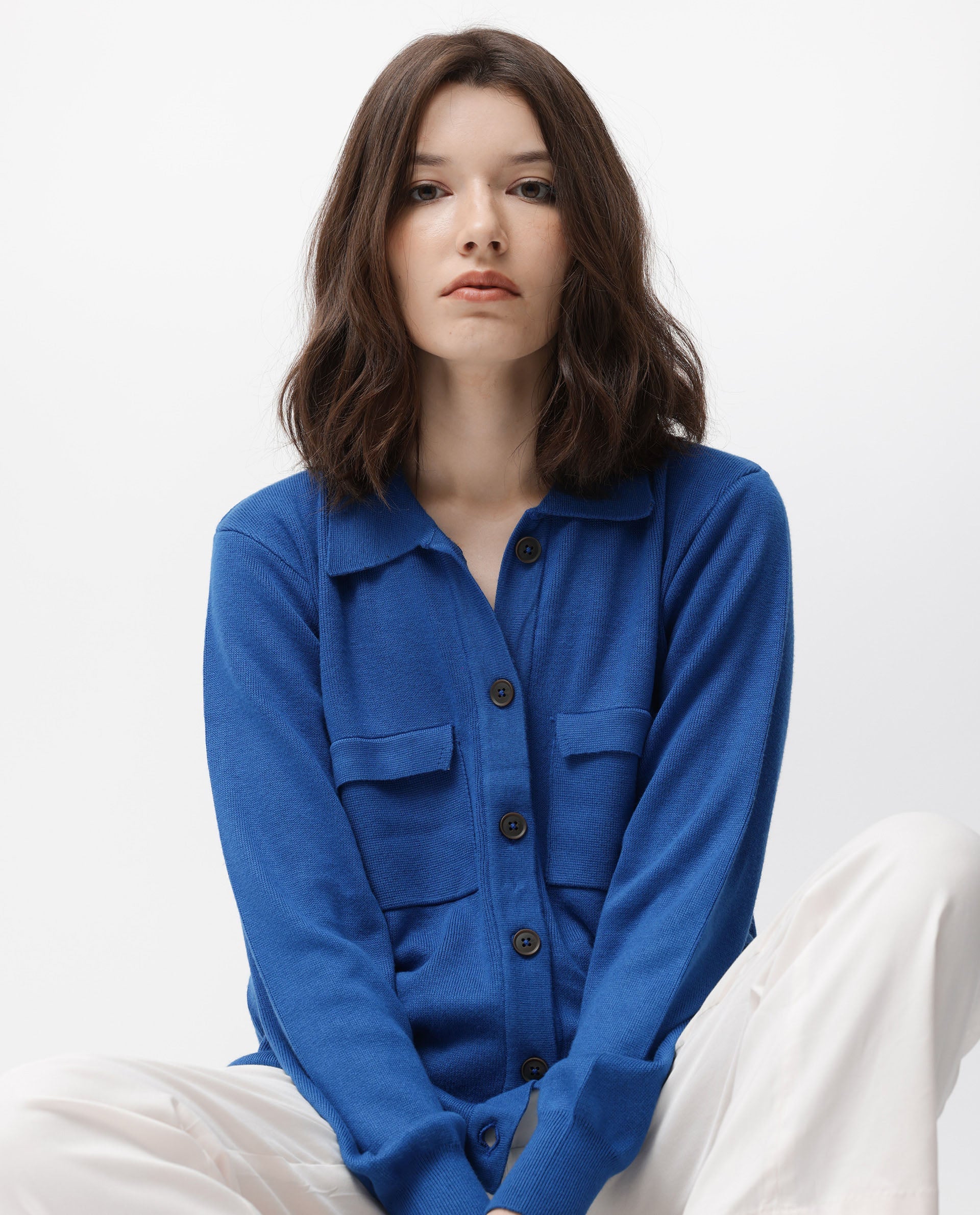 Rareism Women Korn Blue Viscose Fabric Full Sleeves Regular Fit Solid Shirt Collar Sweater