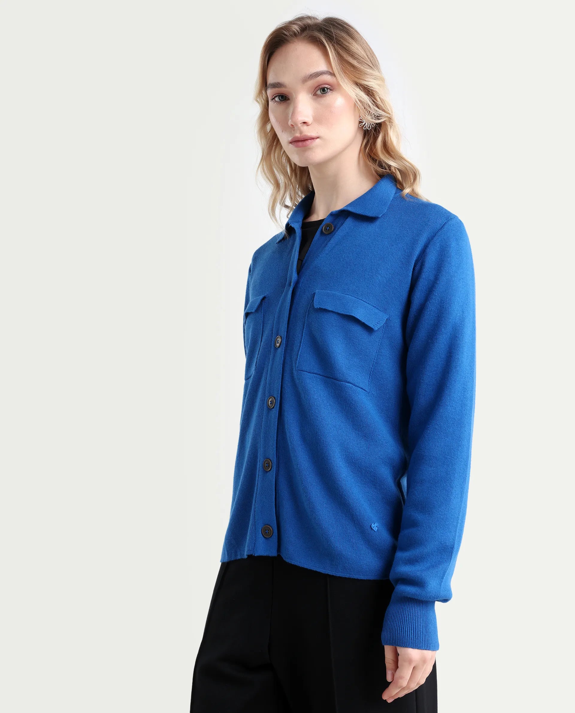 Rareism Women's Korn Blue Viscose Spread Collar Plain Regular Fit Sweater