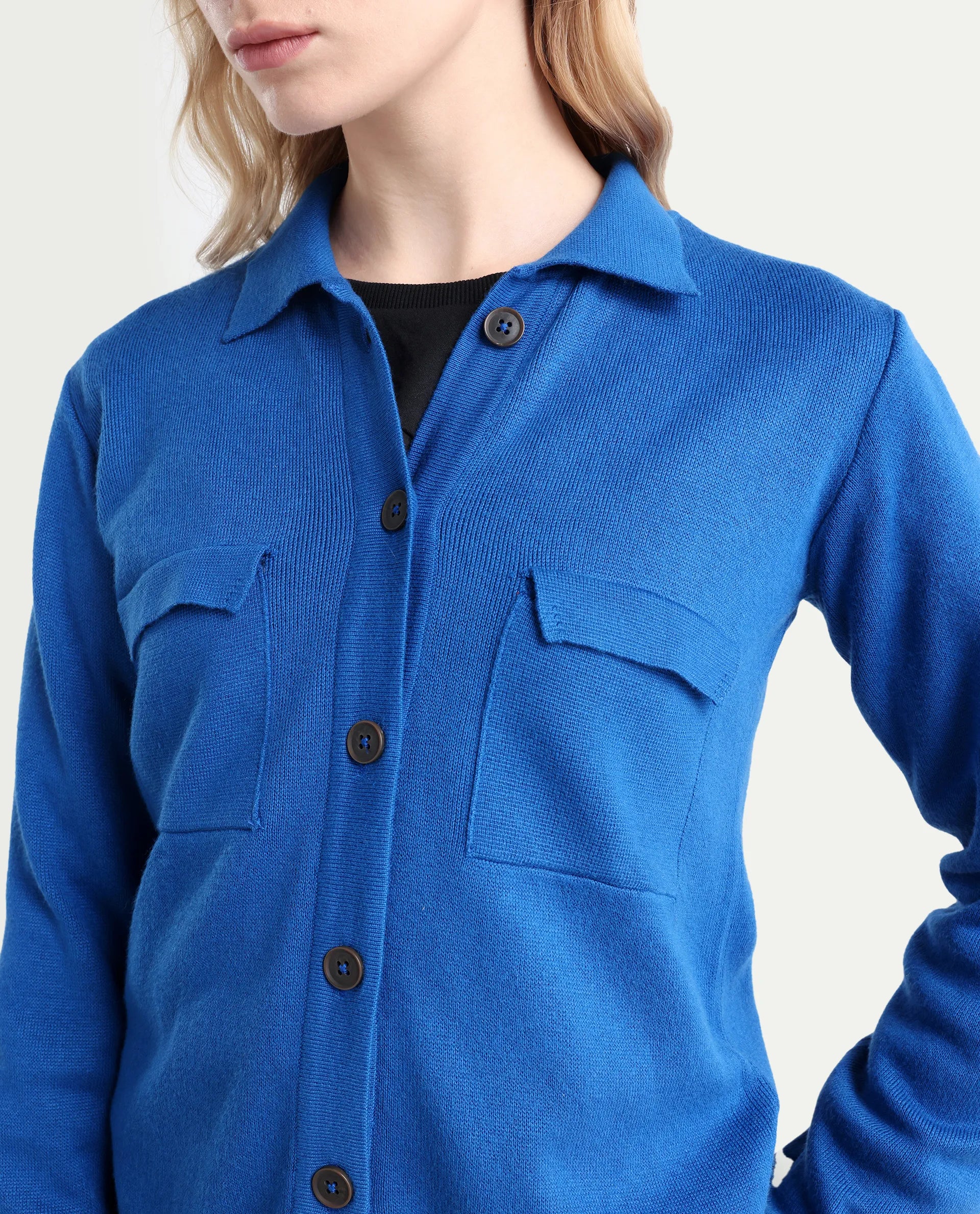 Rareism Women's Korn Blue Viscose Spread Collar Plain Regular Fit Sweater