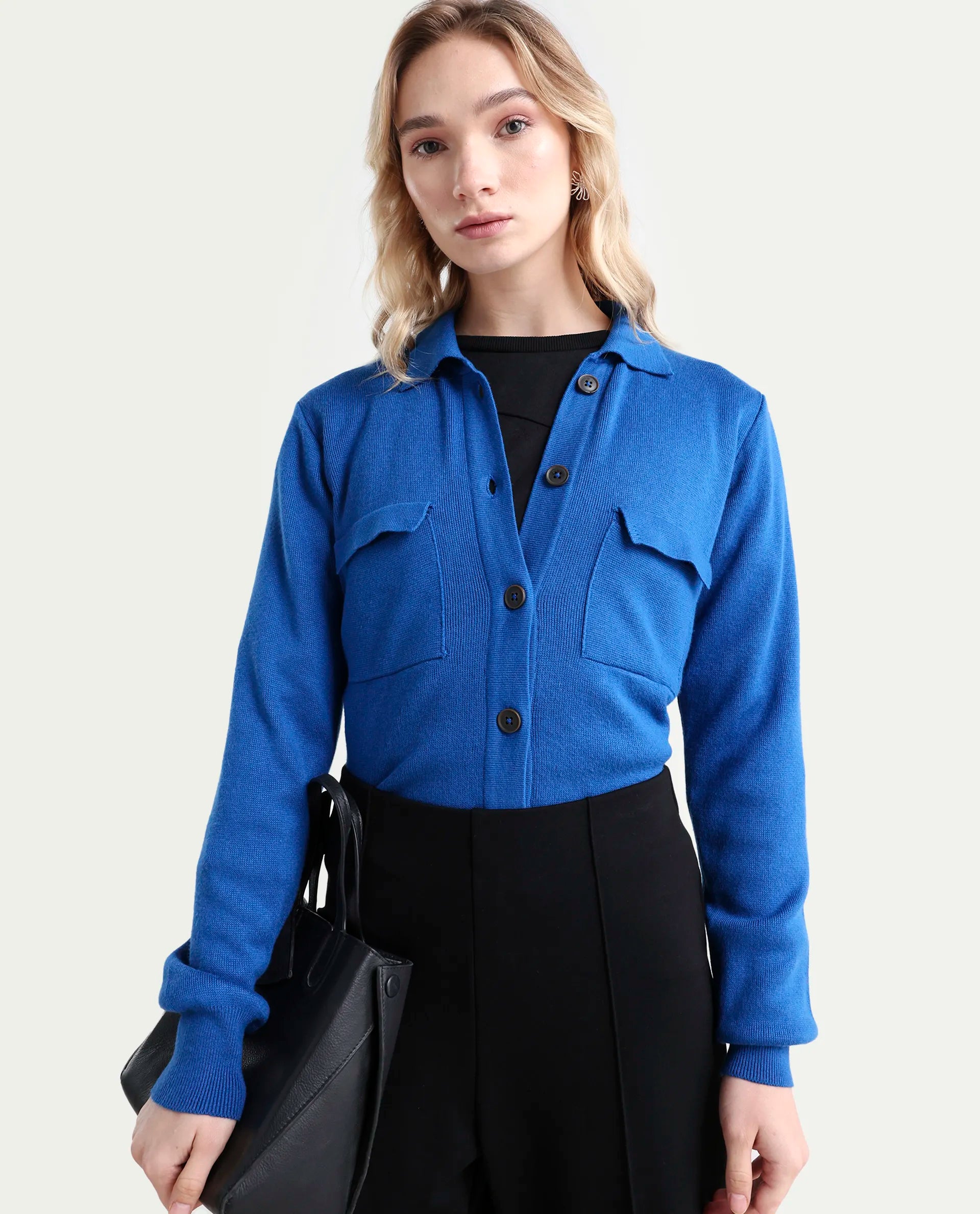 Rareism Women's Korn Blue Viscose Spread Collar Plain Regular Fit Sweater