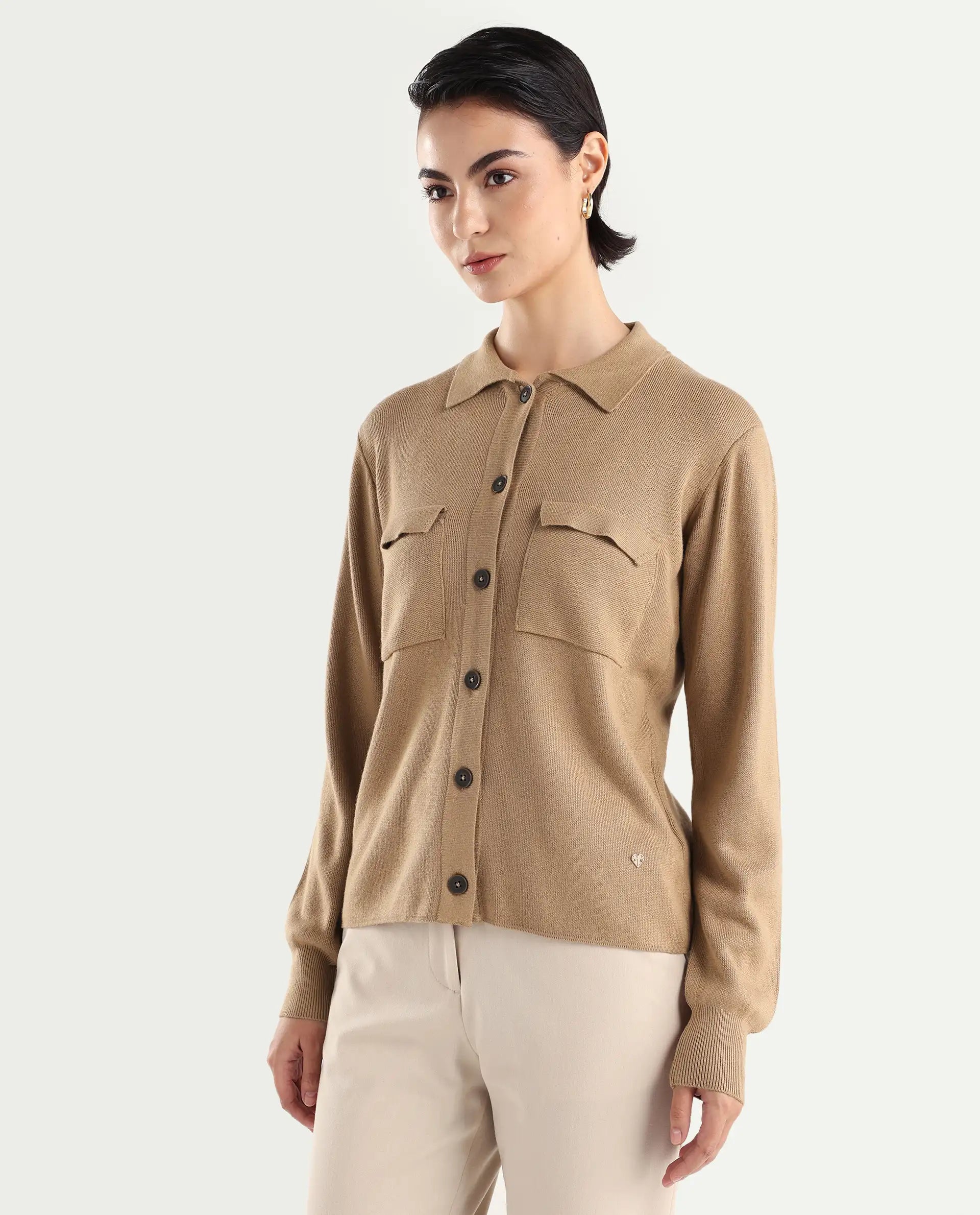 Rareism Women's Korn Dark Beige Viscose Spread Collar Plain Regular Fit Sweater