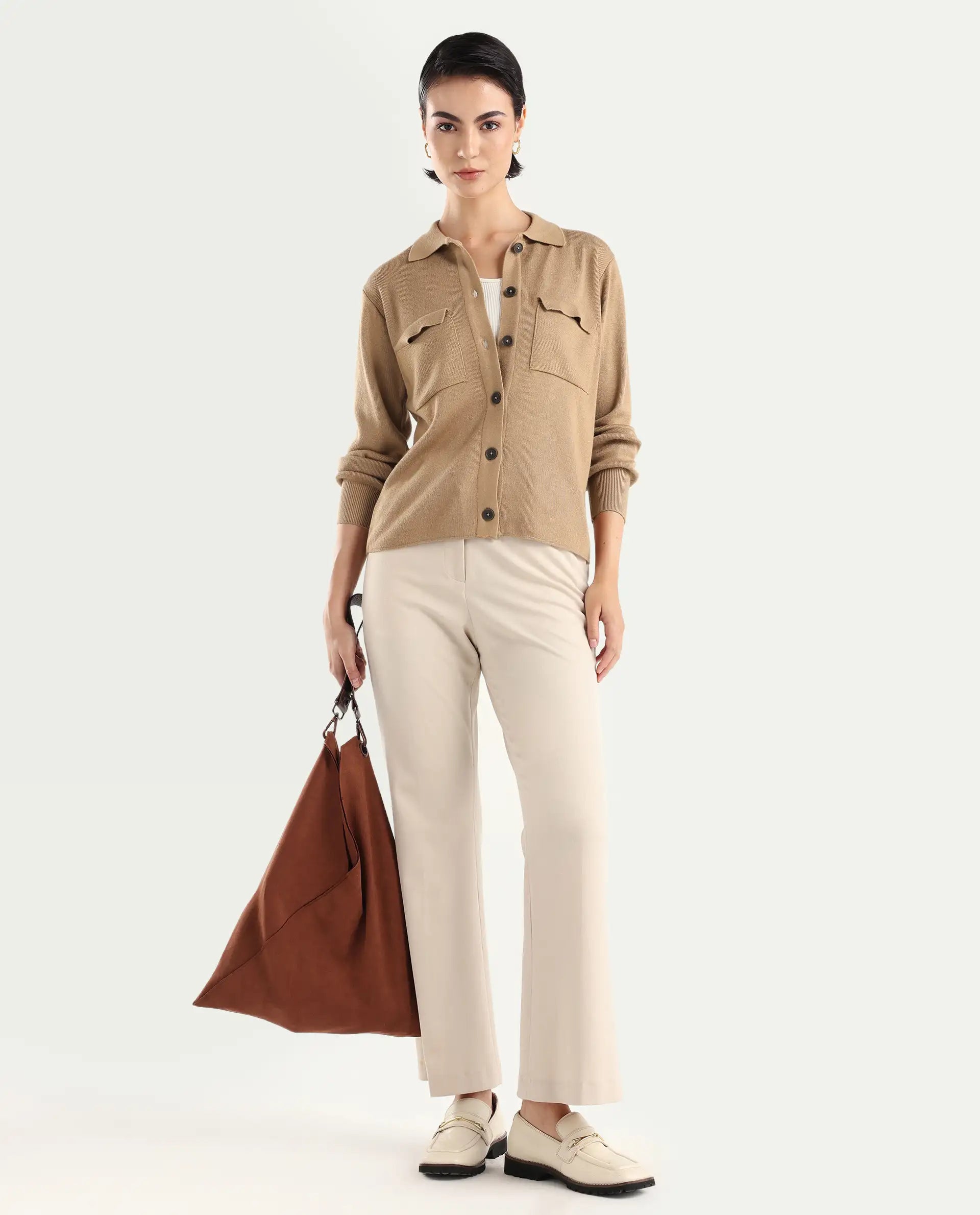 Rareism Women's Korn Dark Beige Viscose Spread Collar Plain Regular Fit Sweater