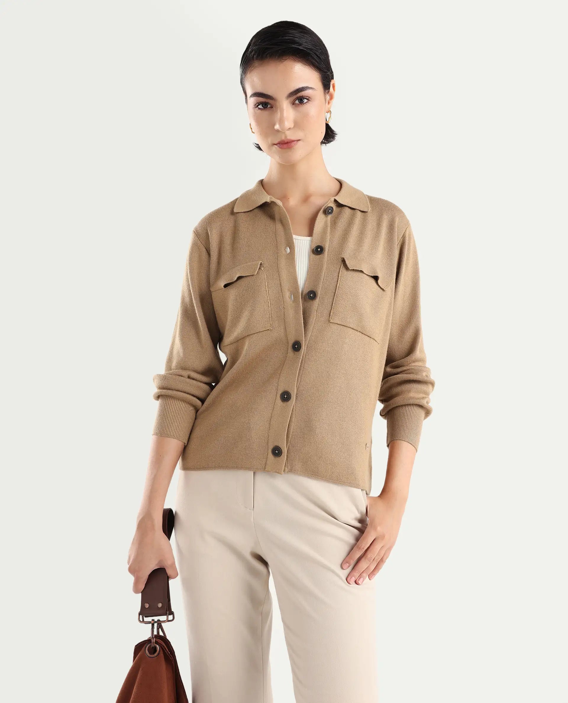 Rareism Women's Korn Dark Beige Viscose Spread Collar Plain Regular Fit Sweater