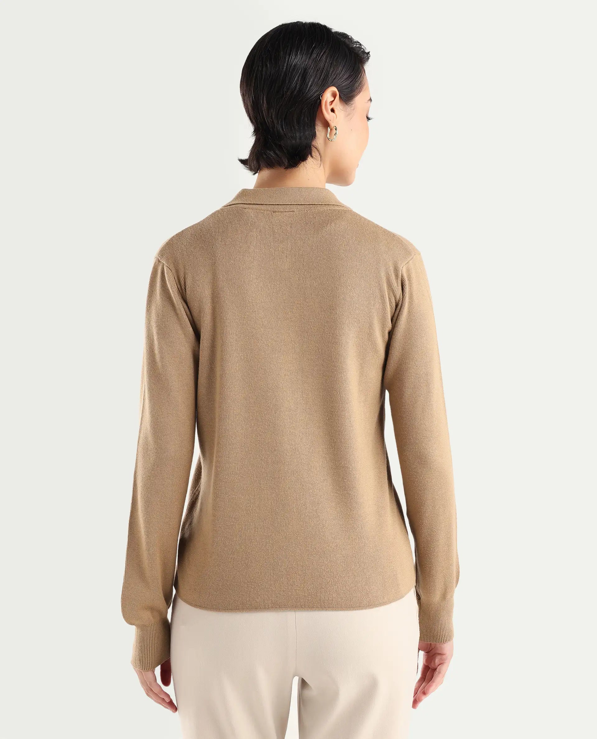 Rareism Women's Korn Dark Beige Viscose Spread Collar Plain Regular Fit Sweater