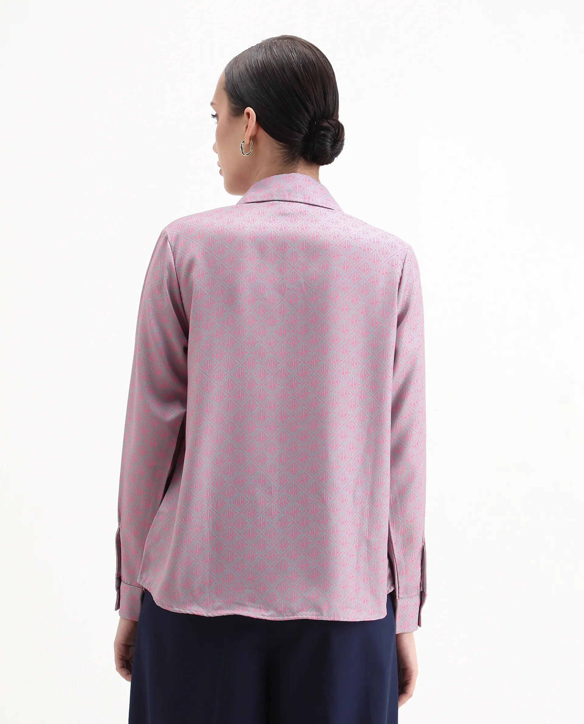 Rareism Women's Korre Pink Satin Spread Collar Monogram Print Cuffed Sleeve Boxy Fit Top