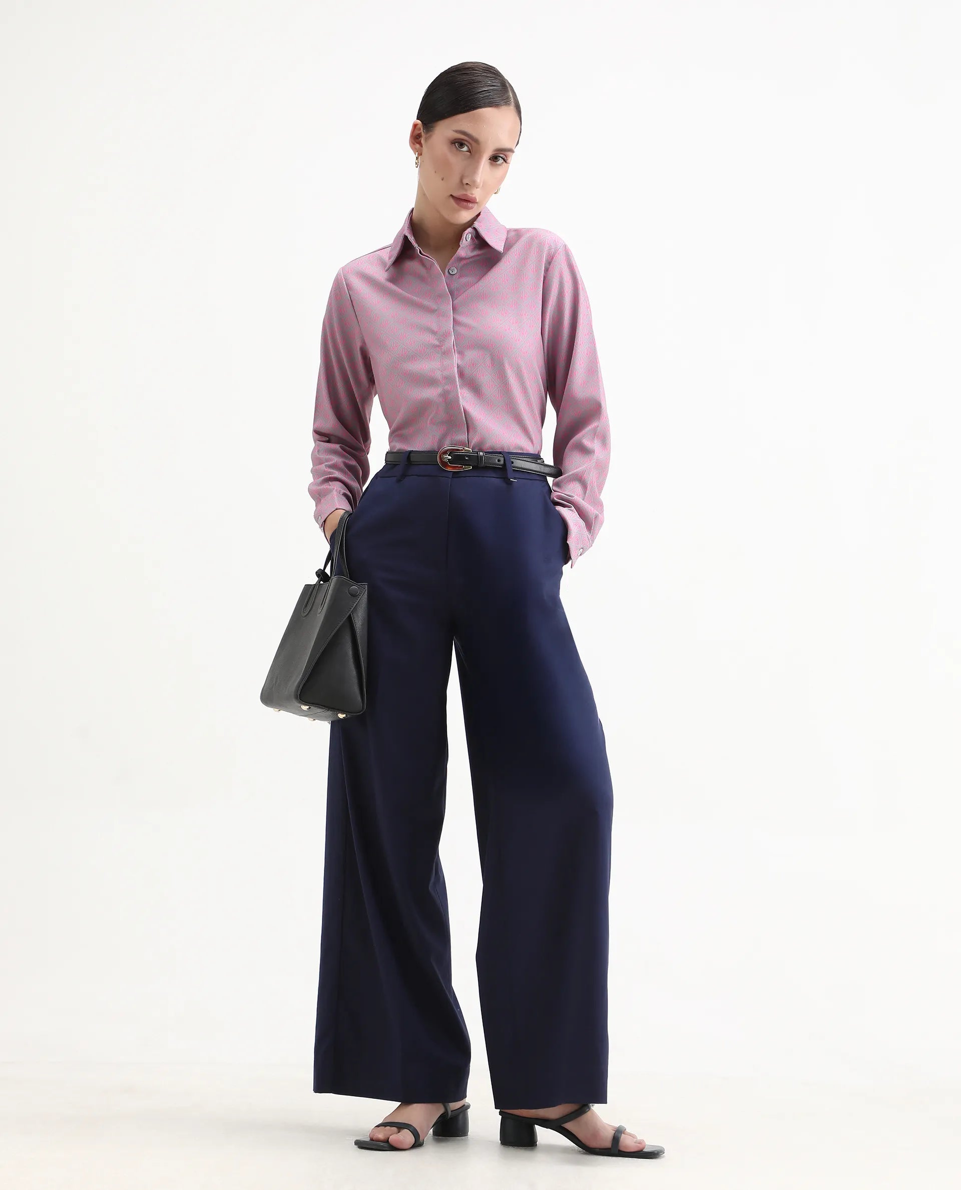 Rareism Women's Korre Pink Satin Spread Collar Monogram Print Cuffed Sleeve Boxy Fit Top