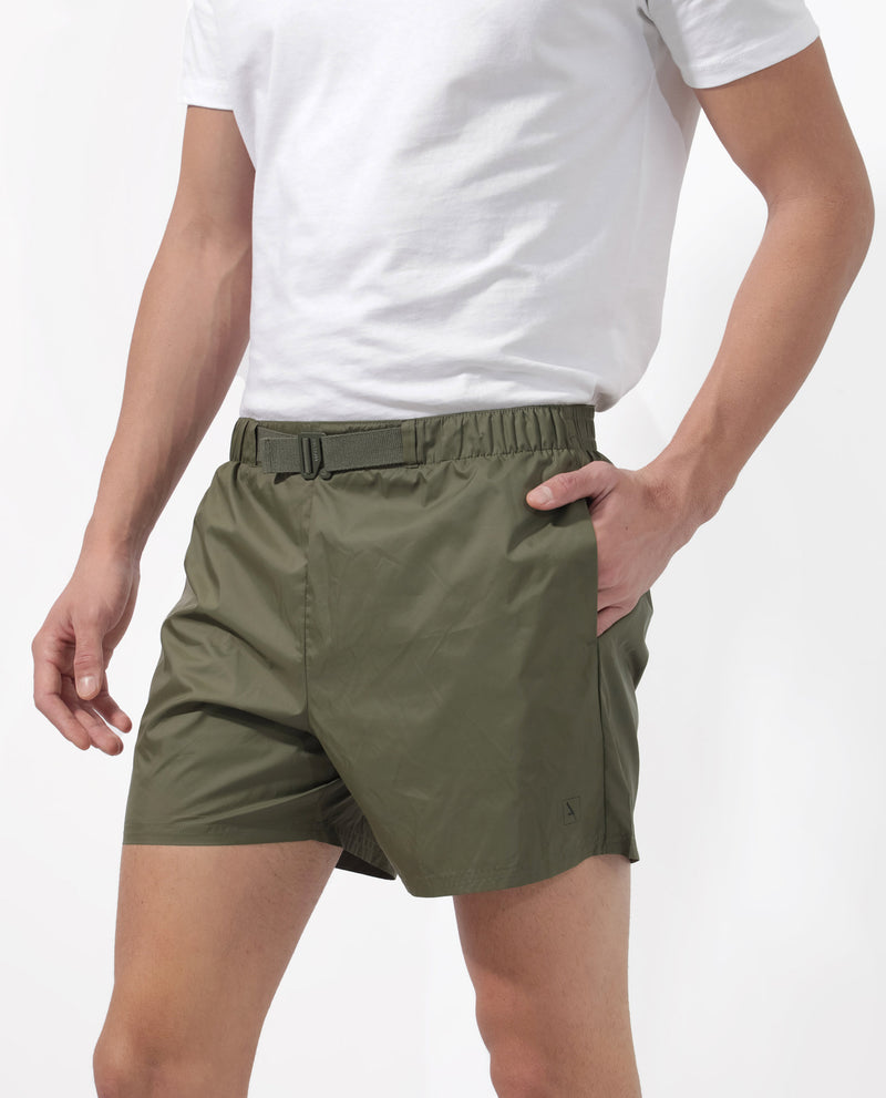 Rare Rabbit Men's Kort Green Polyester Fabric Buckle Fastening Regular Fit Solid Shorts