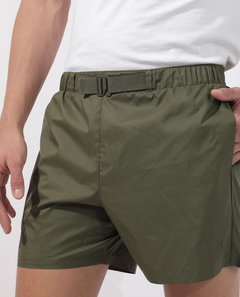 Rare Rabbit Men's Kort Green Polyester Fabric Buckle Fastening Regular Fit Solid Shorts
