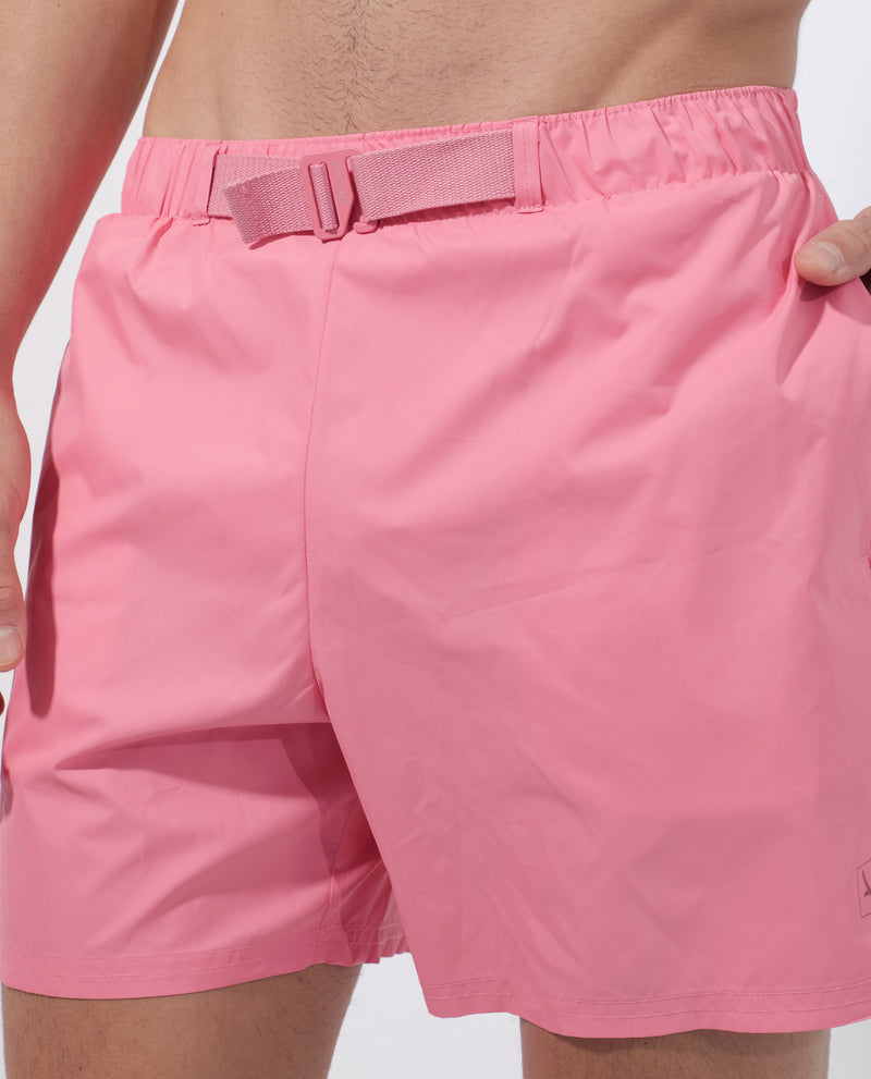 Rare Rabbit Men's Kort Light Pink Polyester Fabric Buckle Fastening Regular Fit Solid Shorts