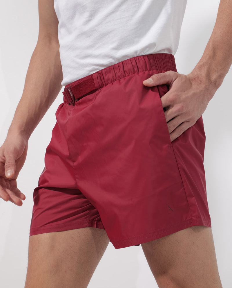 Rare Rabbit Men's Kort Red Polyester Fabric Buckle Fastening Regular Fit Solid Shorts