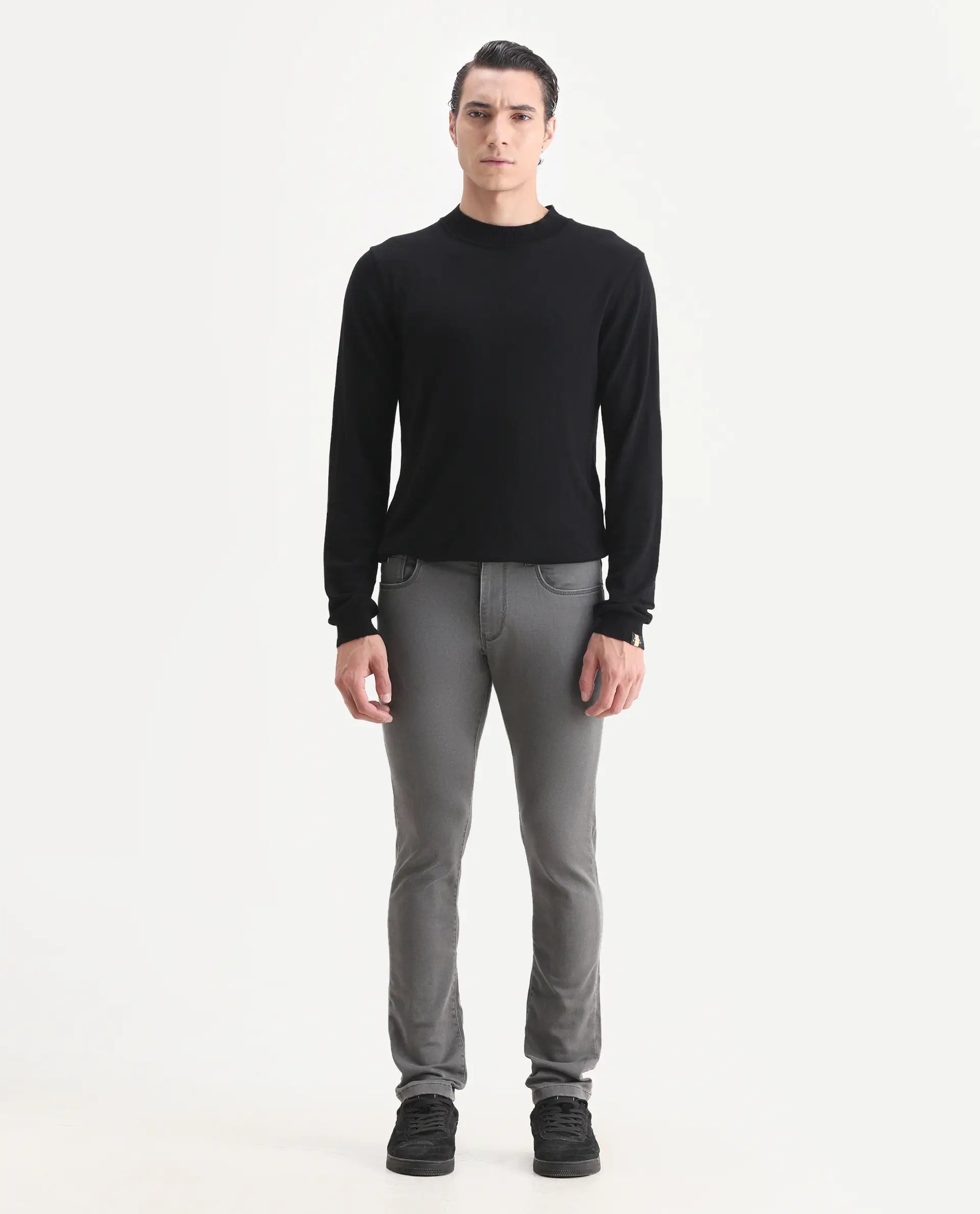 Rare Rabbit Men's Korv-25 Grey Cotton Blend Plain Hawk Slim Fit Jeans