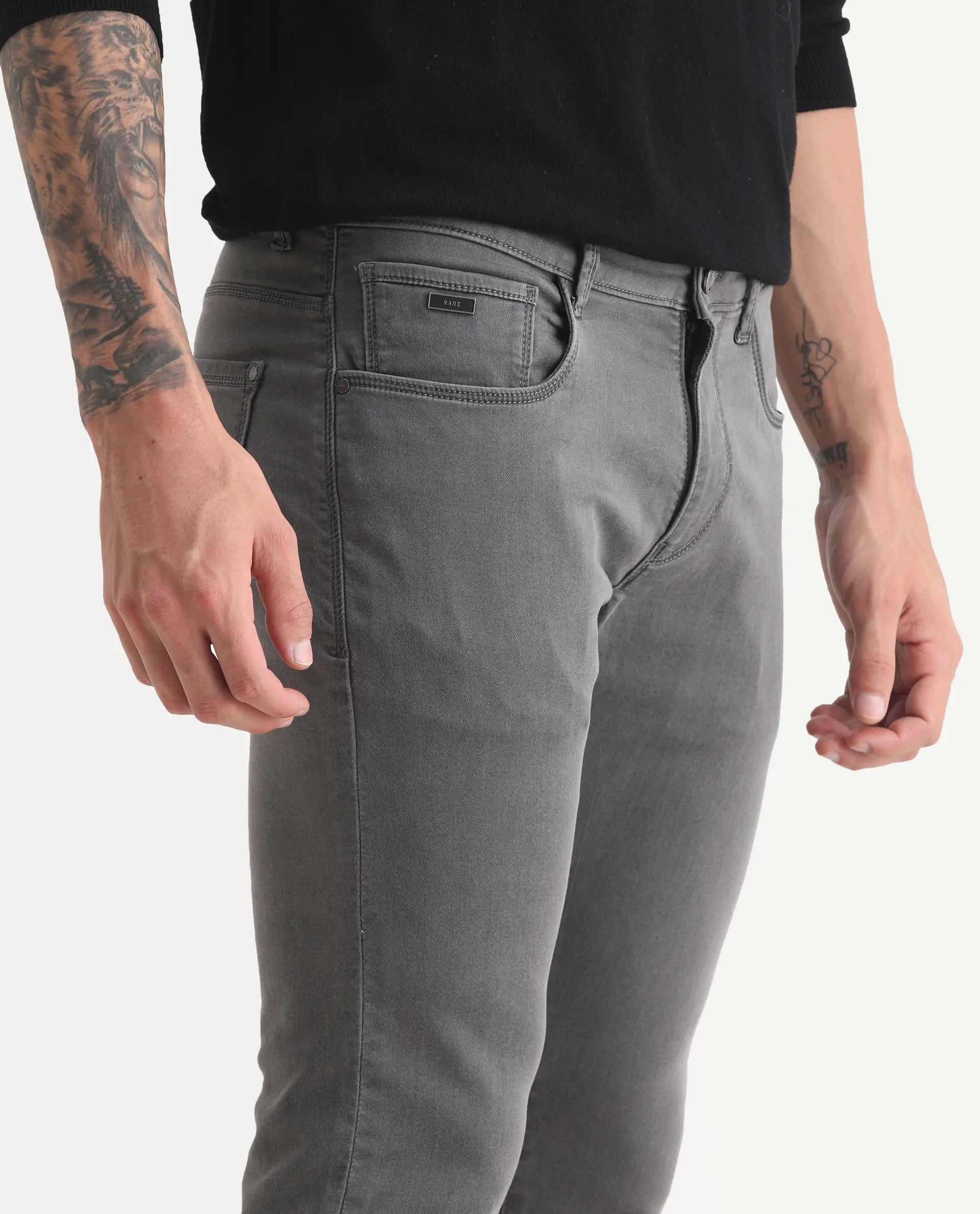 Rare Rabbit Men's Korv-25 Grey Cotton Blend Plain Hawk Slim Fit Jeans