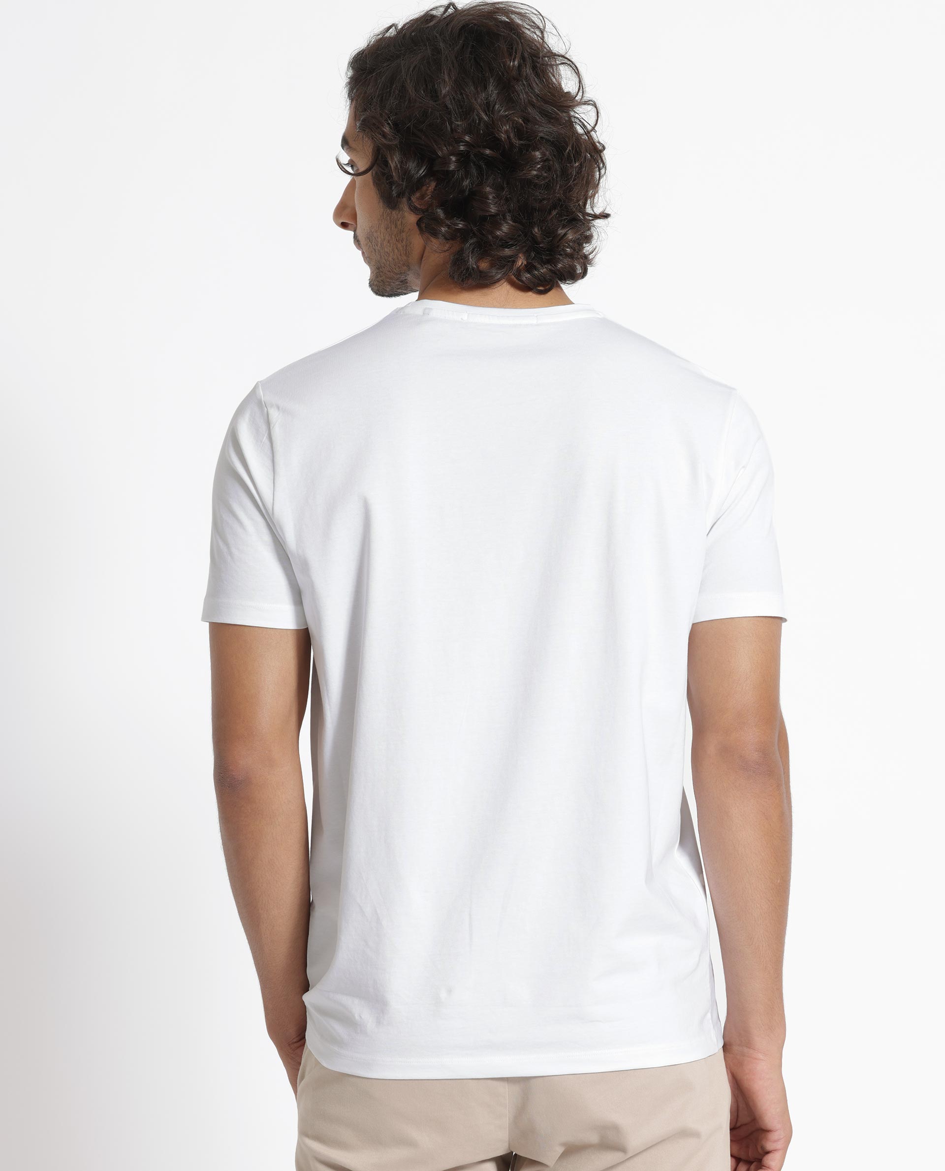 Rare Rabbit Men's Kos White Solid Crew Neck Chest Embroidered Label Branding Half Sleeves Regular Fit T-Shirt