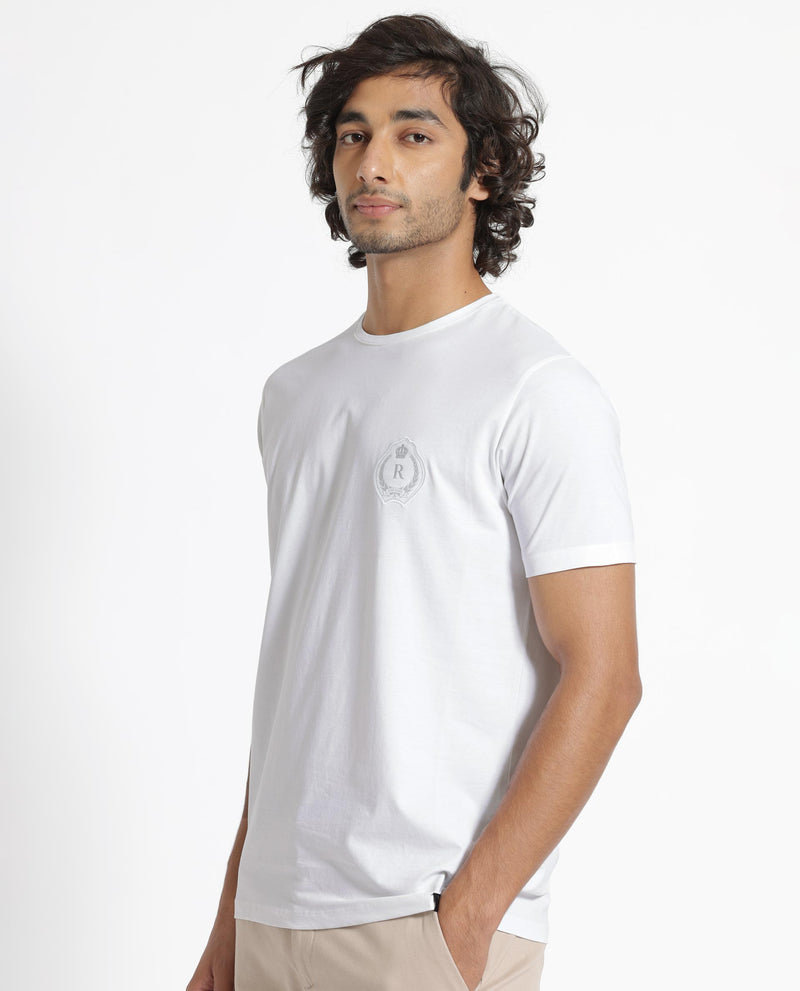 Rare Rabbit Men's Kos White Solid Crew Neck Chest Embroidered Label Branding Half Sleeves Regular Fit T-Shirt