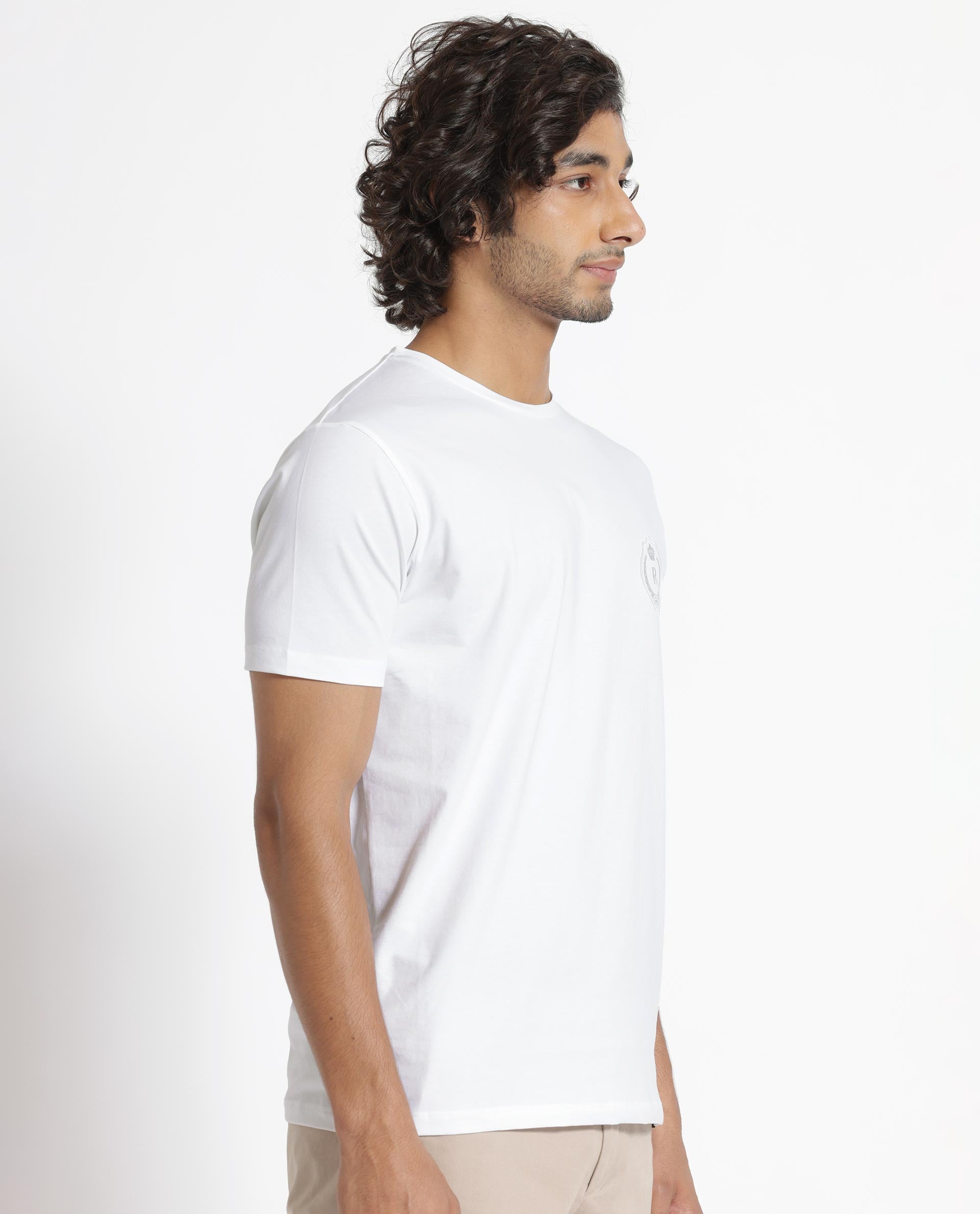 Rare Rabbit Men's Kos White Solid Crew Neck Chest Embroidered Label Branding Half Sleeves Regular Fit T-Shirt