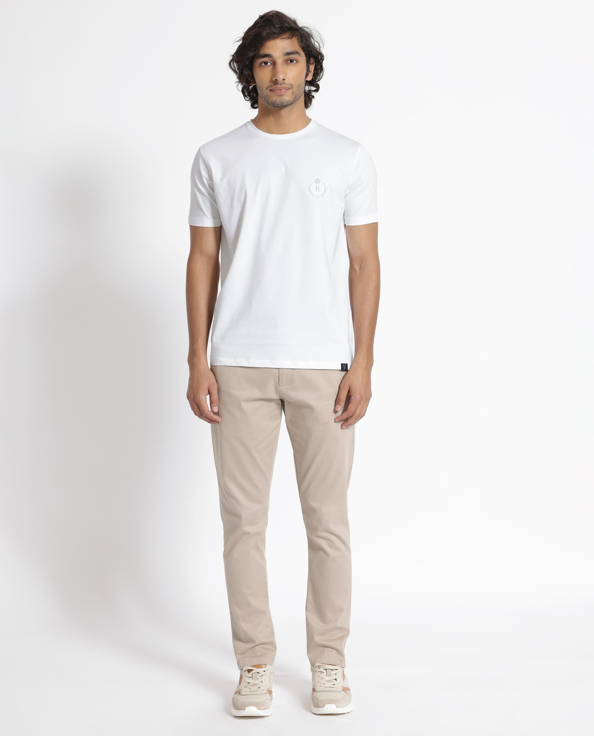 Rare Rabbit Men's Kos White Solid Crew Neck Chest Embroidered Label Branding Half Sleeves Regular Fit T-Shirt