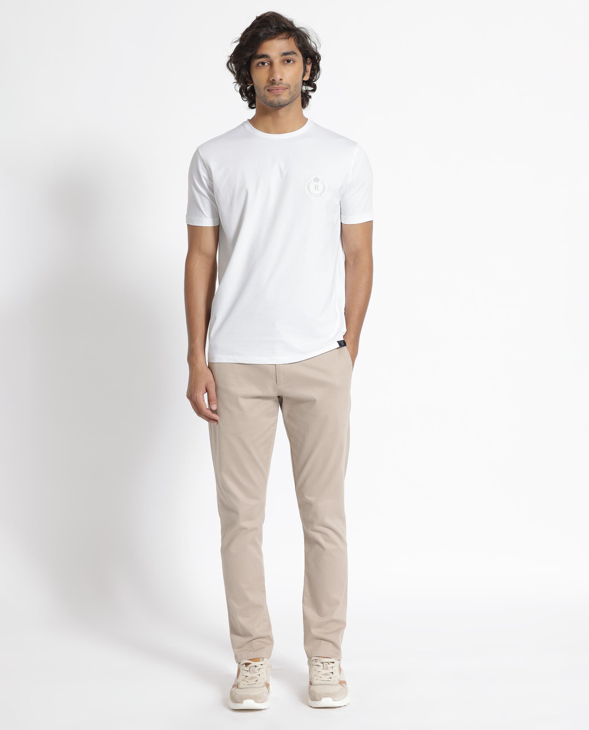 Rare Rabbit Men's Kos White Solid Crew Neck Chest Embroidered Label Branding Half Sleeves Regular Fit T-Shirt