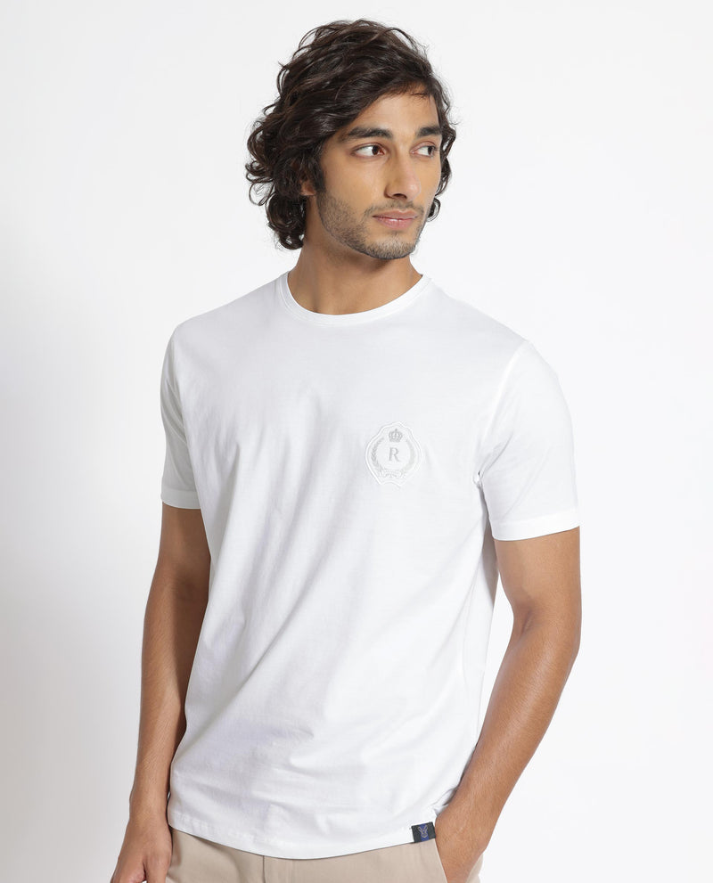 Rare Rabbit Men's Kos White Solid Crew Neck Chest Embroidered Label Branding Half Sleeves Regular Fit T-Shirt