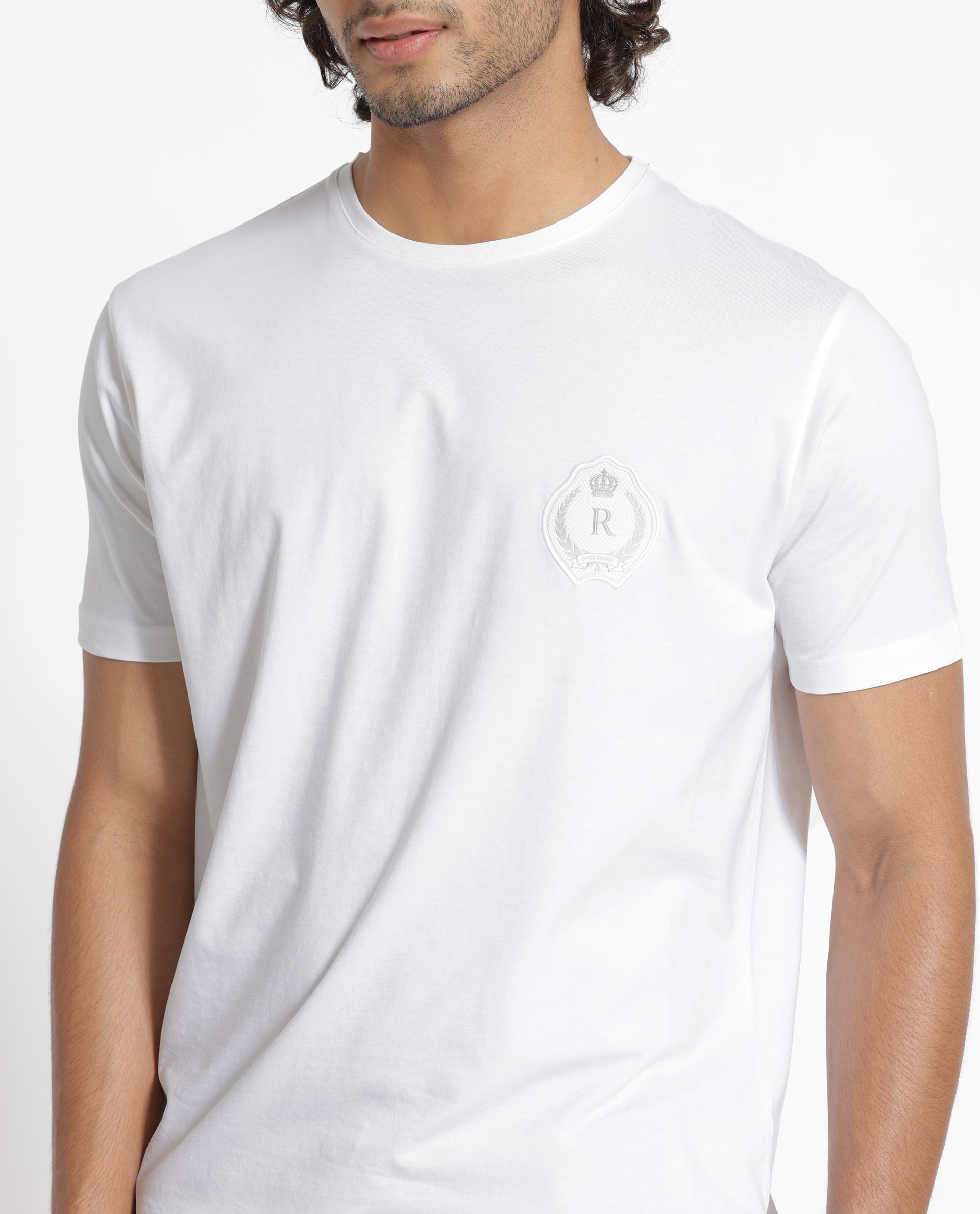 Rare Rabbit Men's Kos White Solid Crew Neck Chest Embroidered Label Branding Half Sleeves Regular Fit T-Shirt
