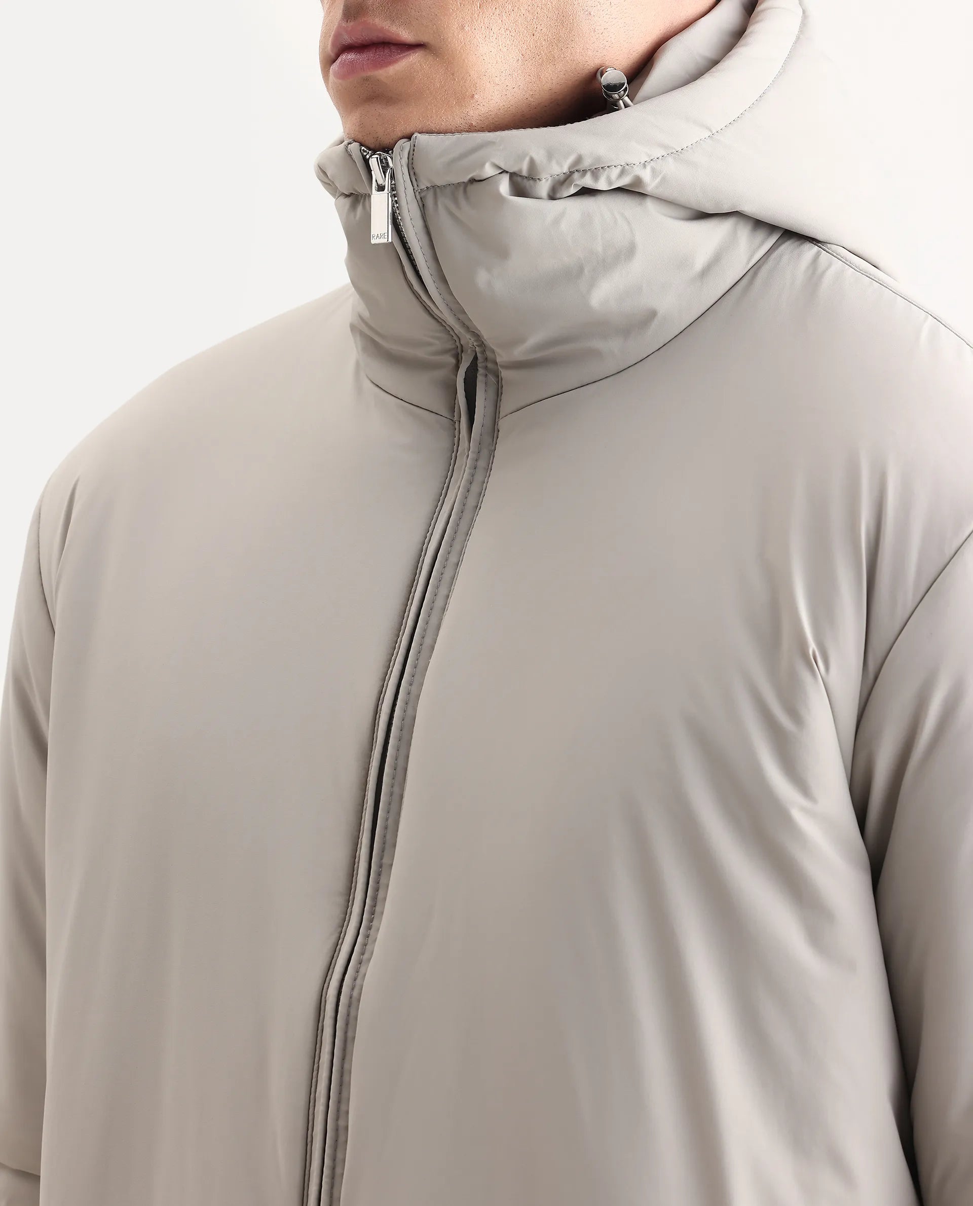 Rare Rabbit Men's Kost Light Grey Nylon Fabric High Neck Relaxed Plain Jacket
