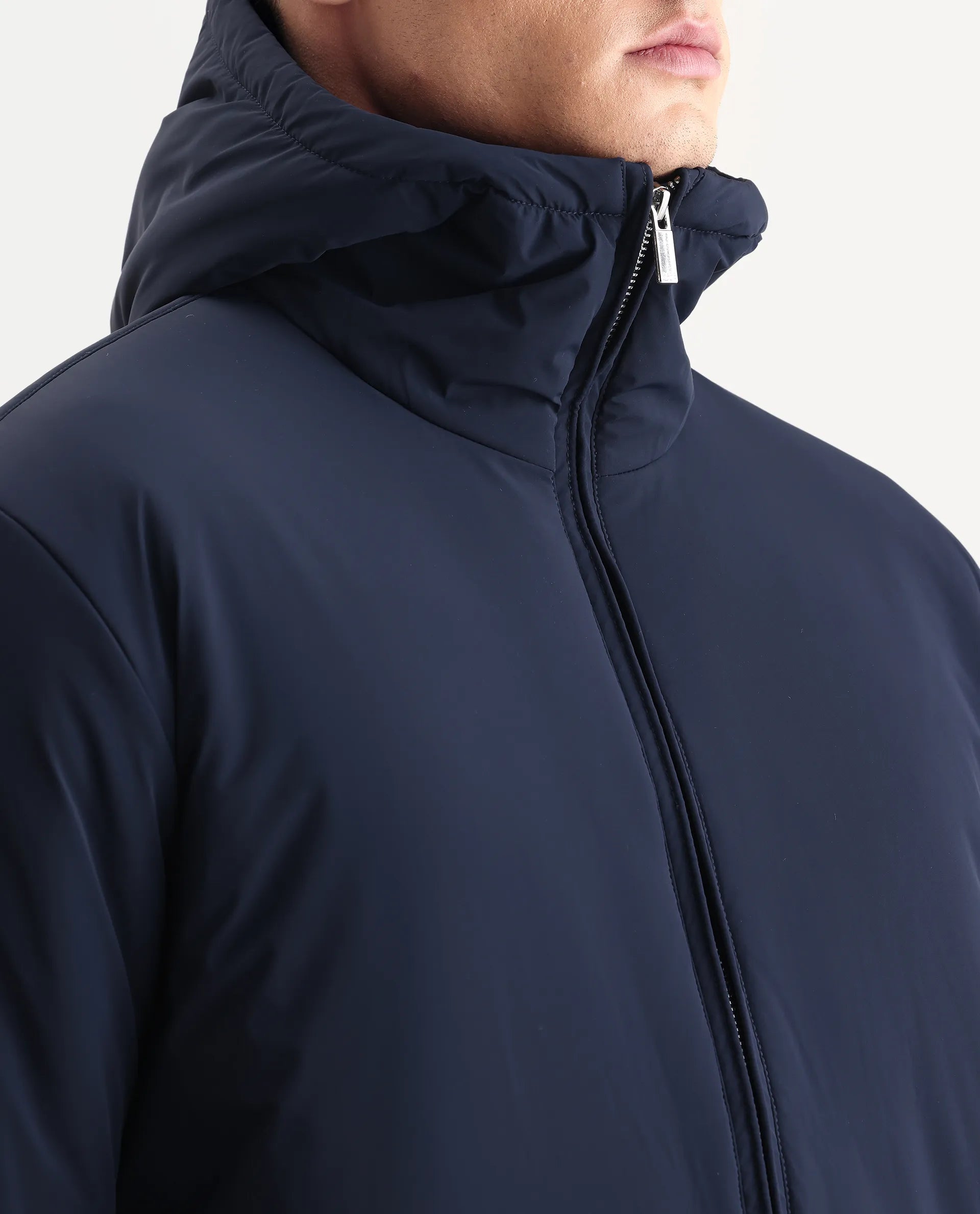 Rare Rabbit Men's Kost Navy Nylon Fabric High Neck Relaxed Fit Plain Jacket