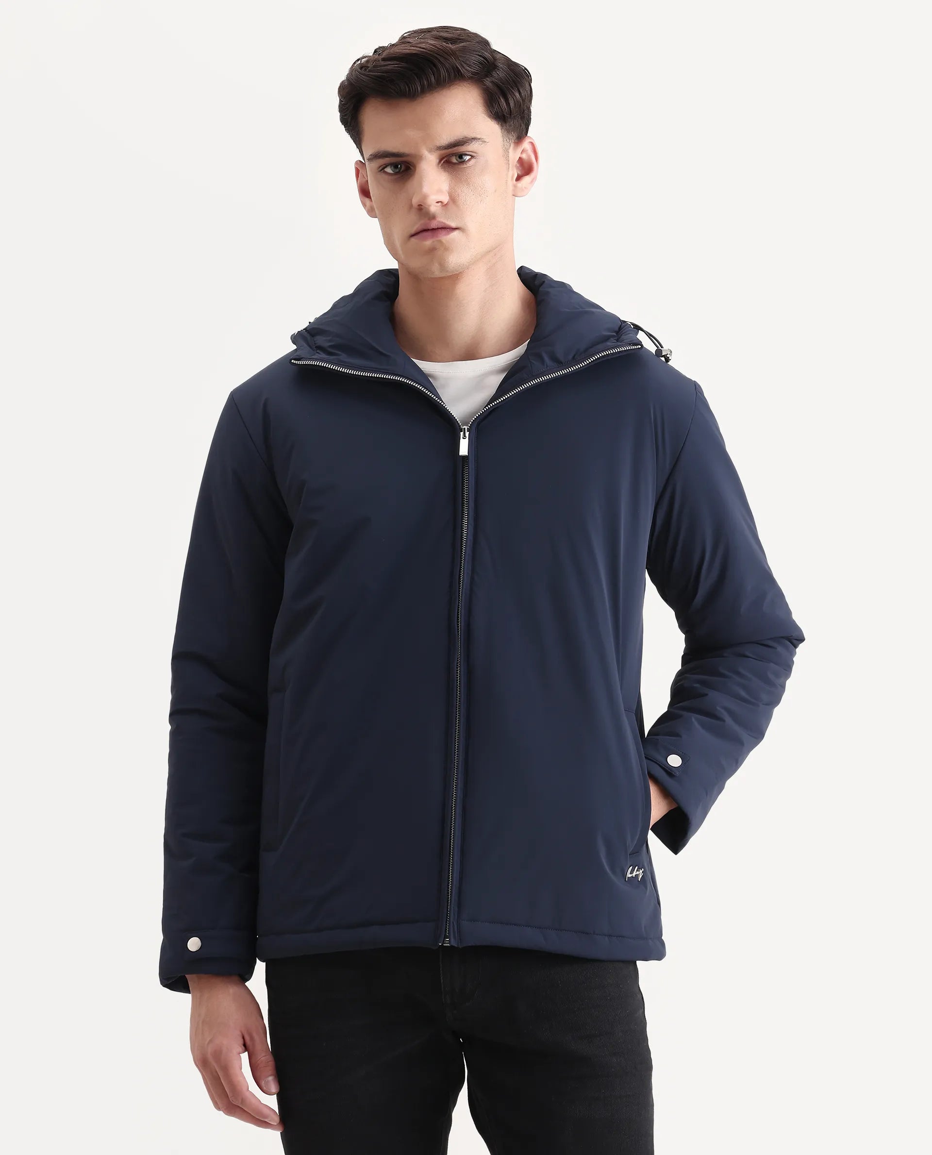 Rare Rabbit Men's Kost Navy Nylon Fabric High Neck Relaxed Fit Plain Jacket