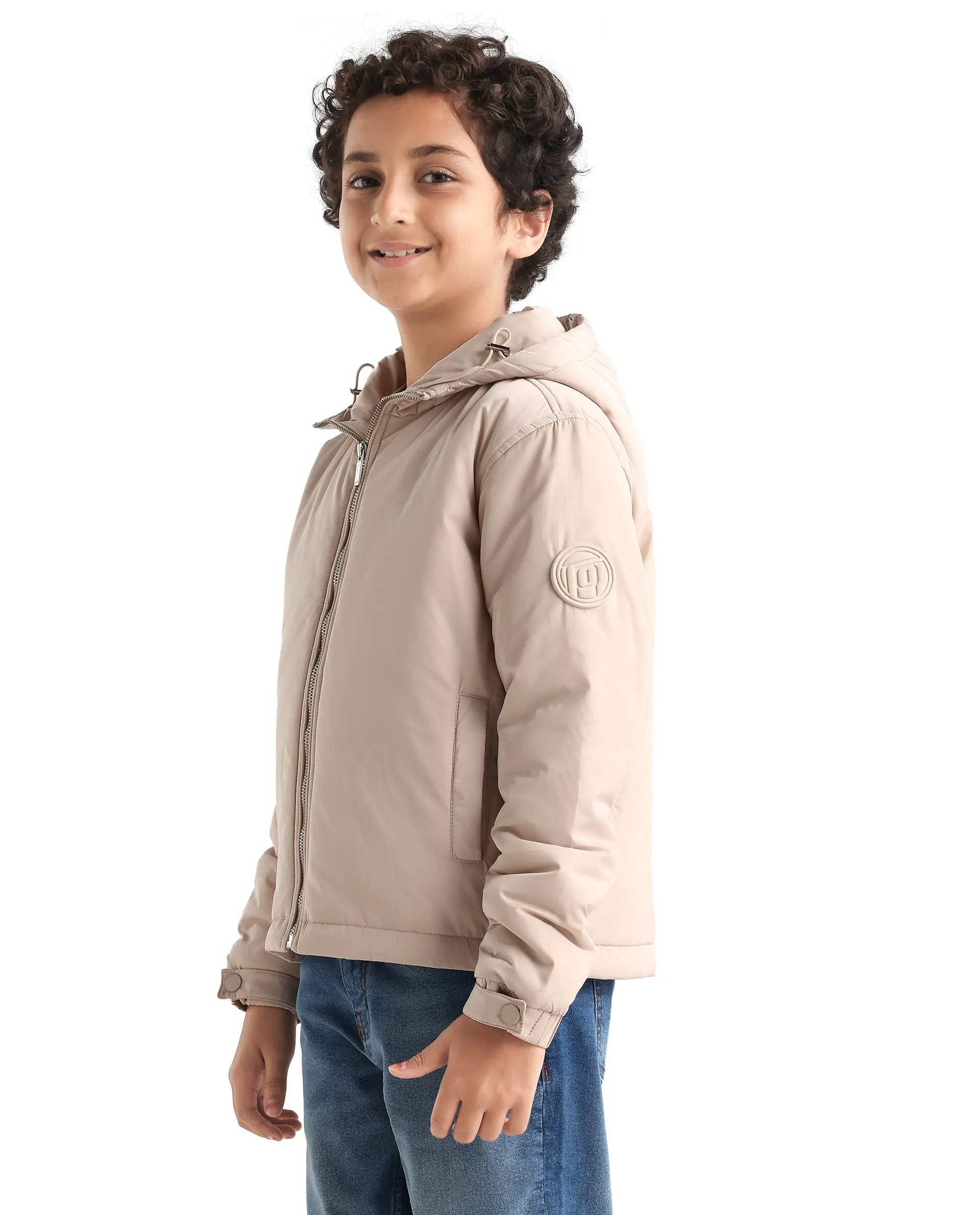 Rare Ones Kids Kost-K Beige Polyester Zipper Closure Hooded Plain Full Sleeves Regular Fit Jacket
