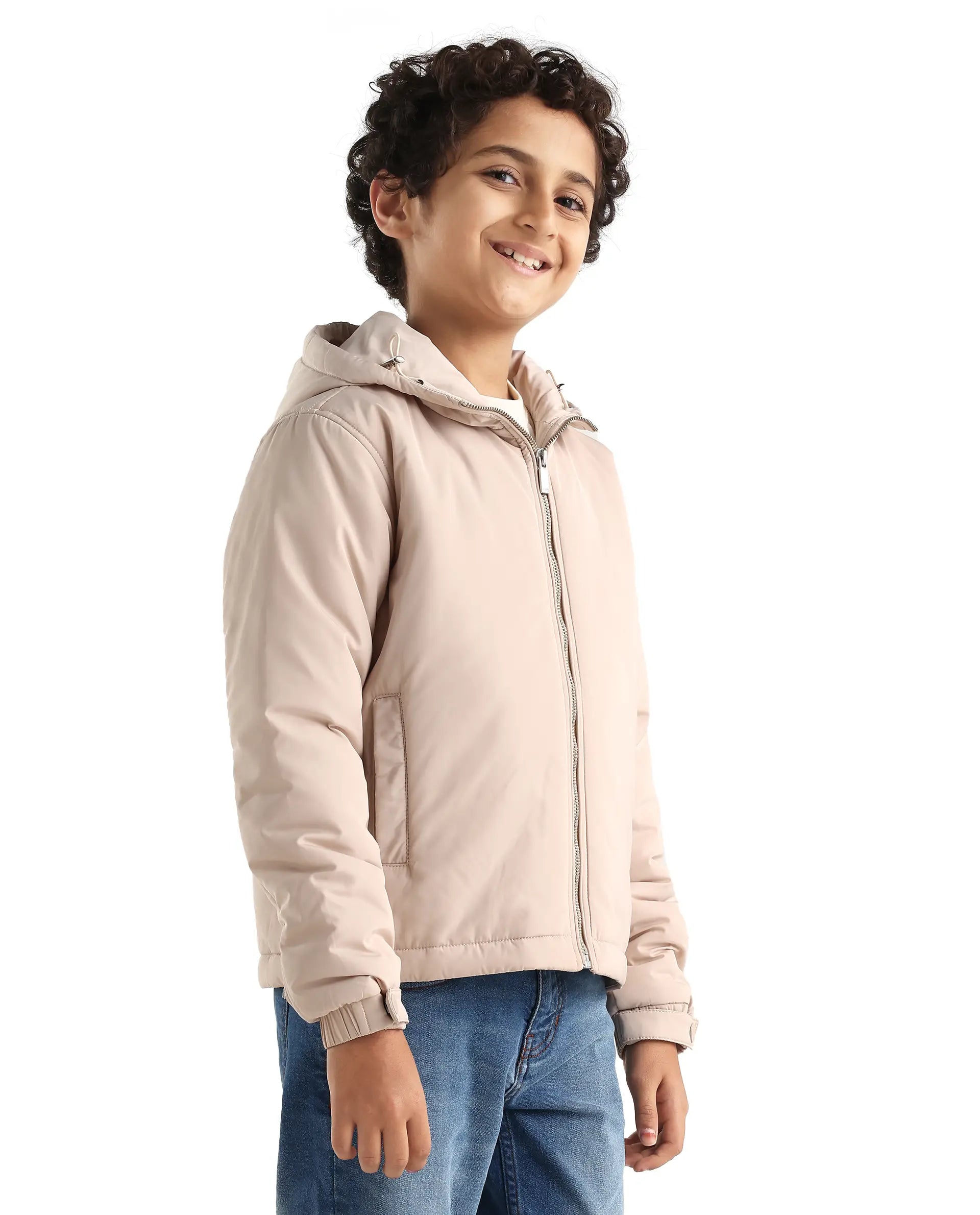 Rare Ones Kids Kost-K Beige Polyester Zipper Closure Hooded Plain Full Sleeves Regular Fit Jacket