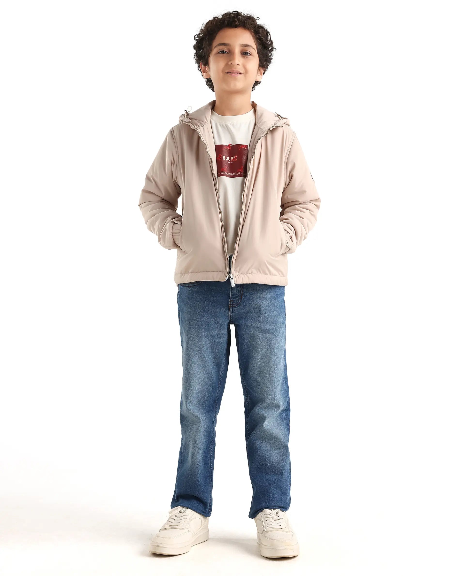 Rare Ones Kids Kost-K Beige Polyester Zipper Closure Hooded Plain Full Sleeves Regular Fit Jacket