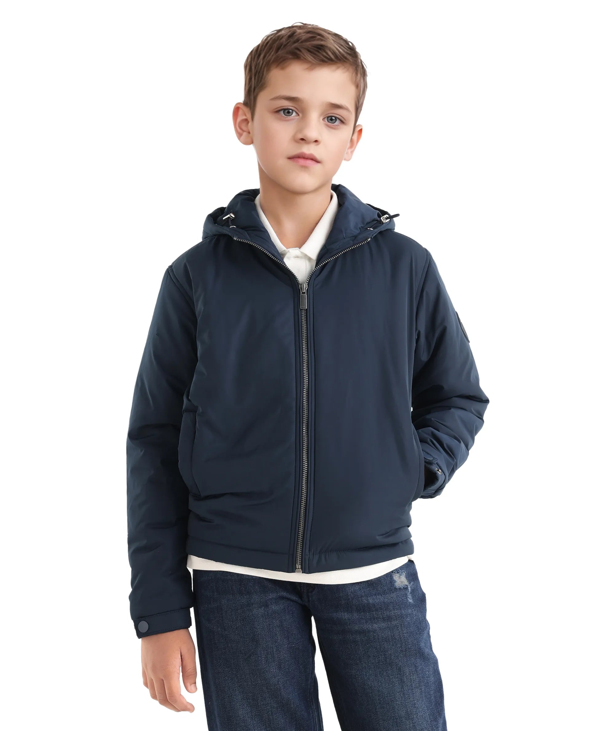 Rare Ones Kids Kost-K Navy Polyester Zipper Closure Hooded Plain Full Sleeves Regular Fit Jacket