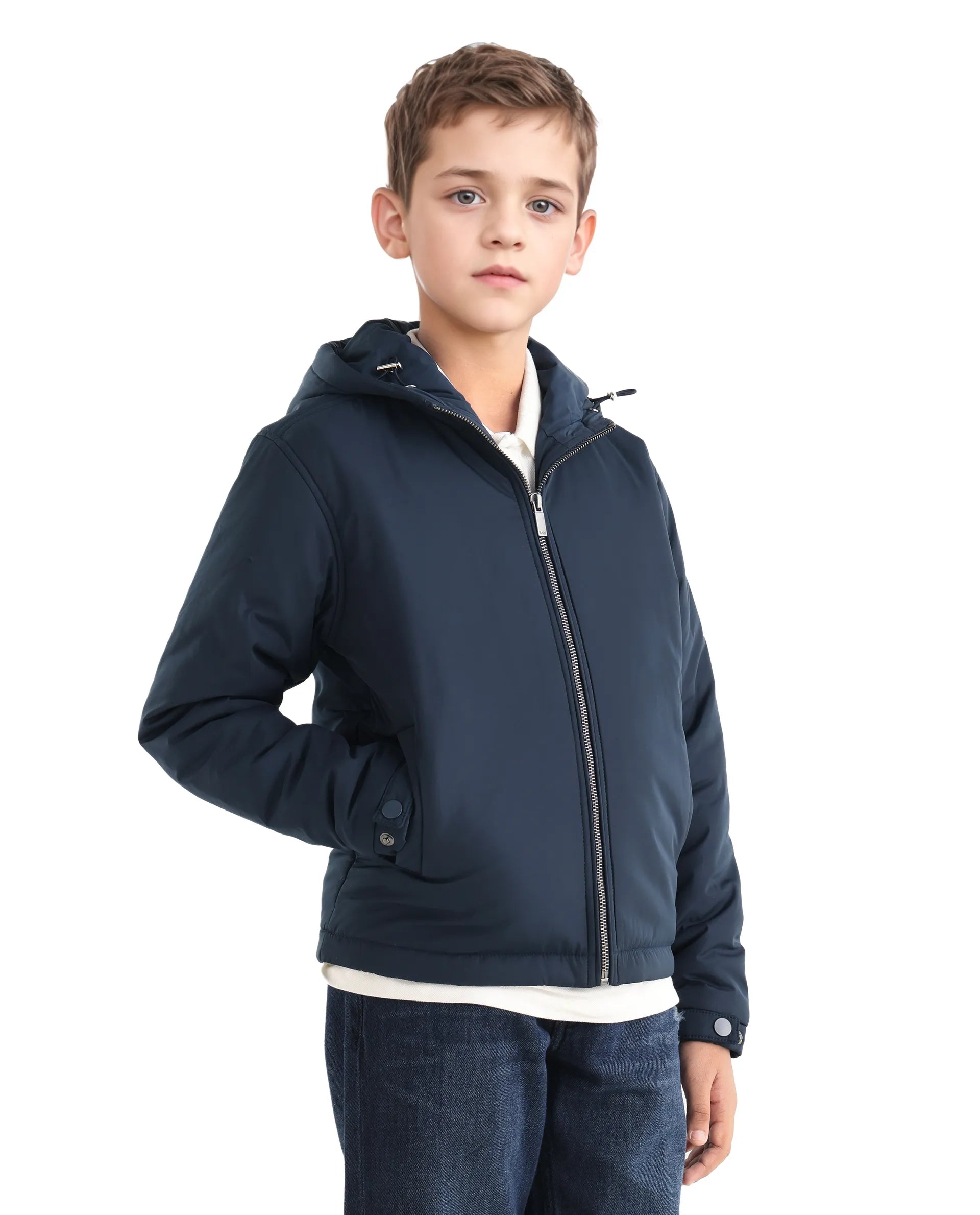 Rare Ones Kids Kost-K Navy Polyester Zipper Closure Hooded Plain Full Sleeves Regular Fit Jacket