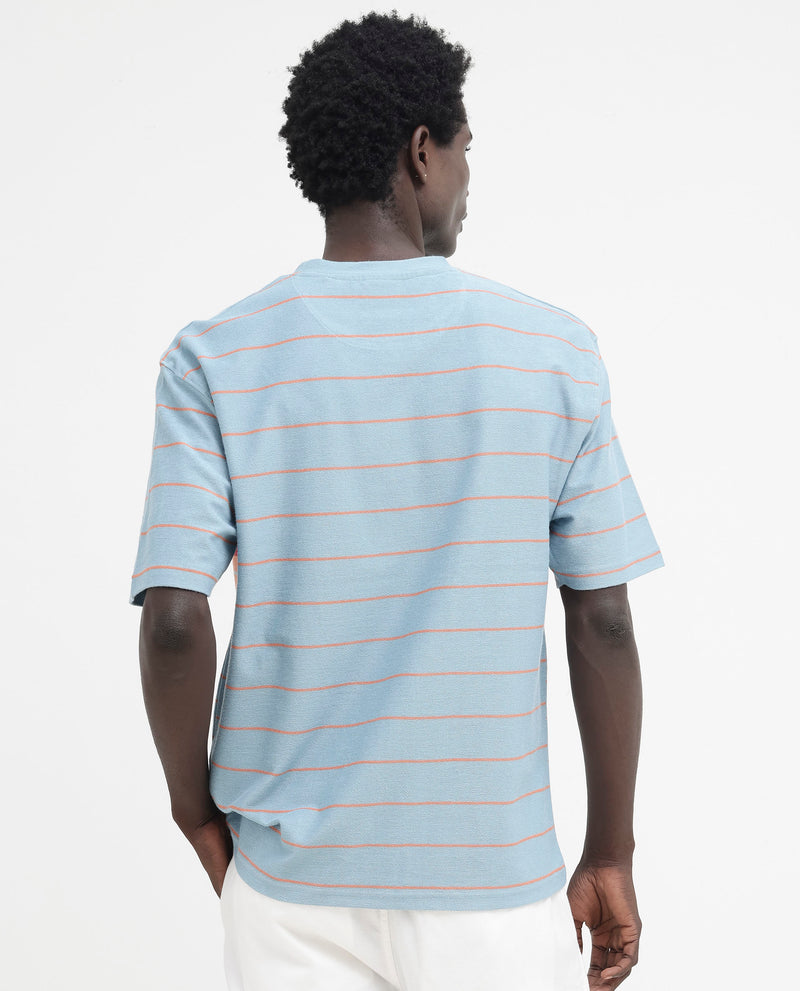 Rare Rabbit Mens Kot Dusky Blue Cotton Fabric Short Sleeves Oversized Fit Stripe T-Shirt