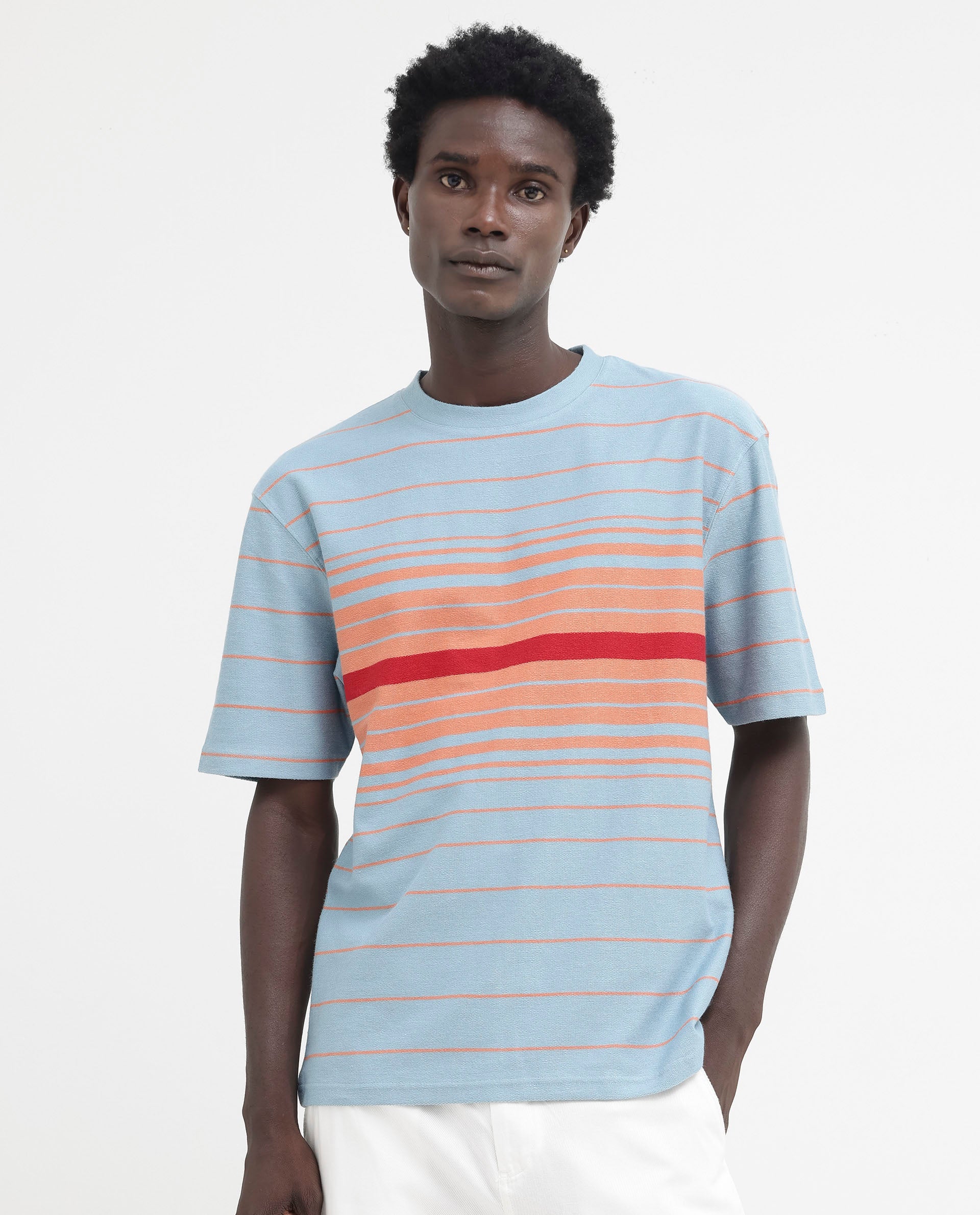 Rare Rabbit Mens Kot Dusky Blue Cotton Fabric Short Sleeves Oversized Fit Stripe T-Shirt