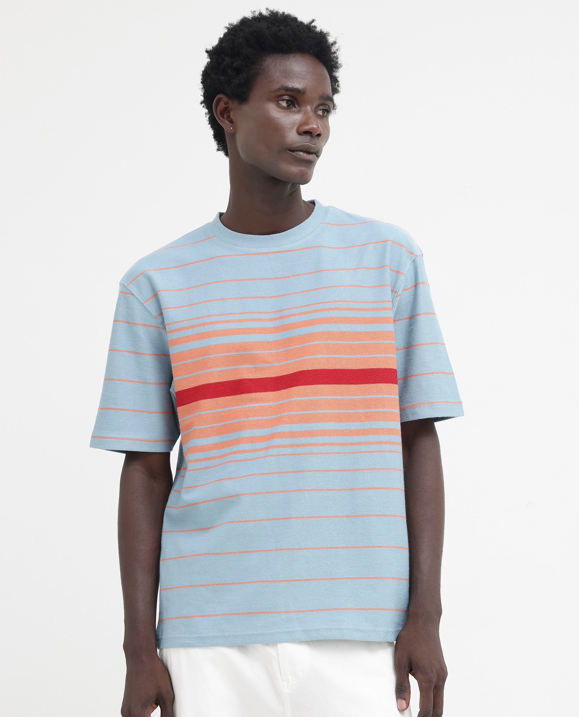 Rare Rabbit Mens Kot Dusky Blue Cotton Fabric Short Sleeves Oversized Fit Stripe T-Shirt