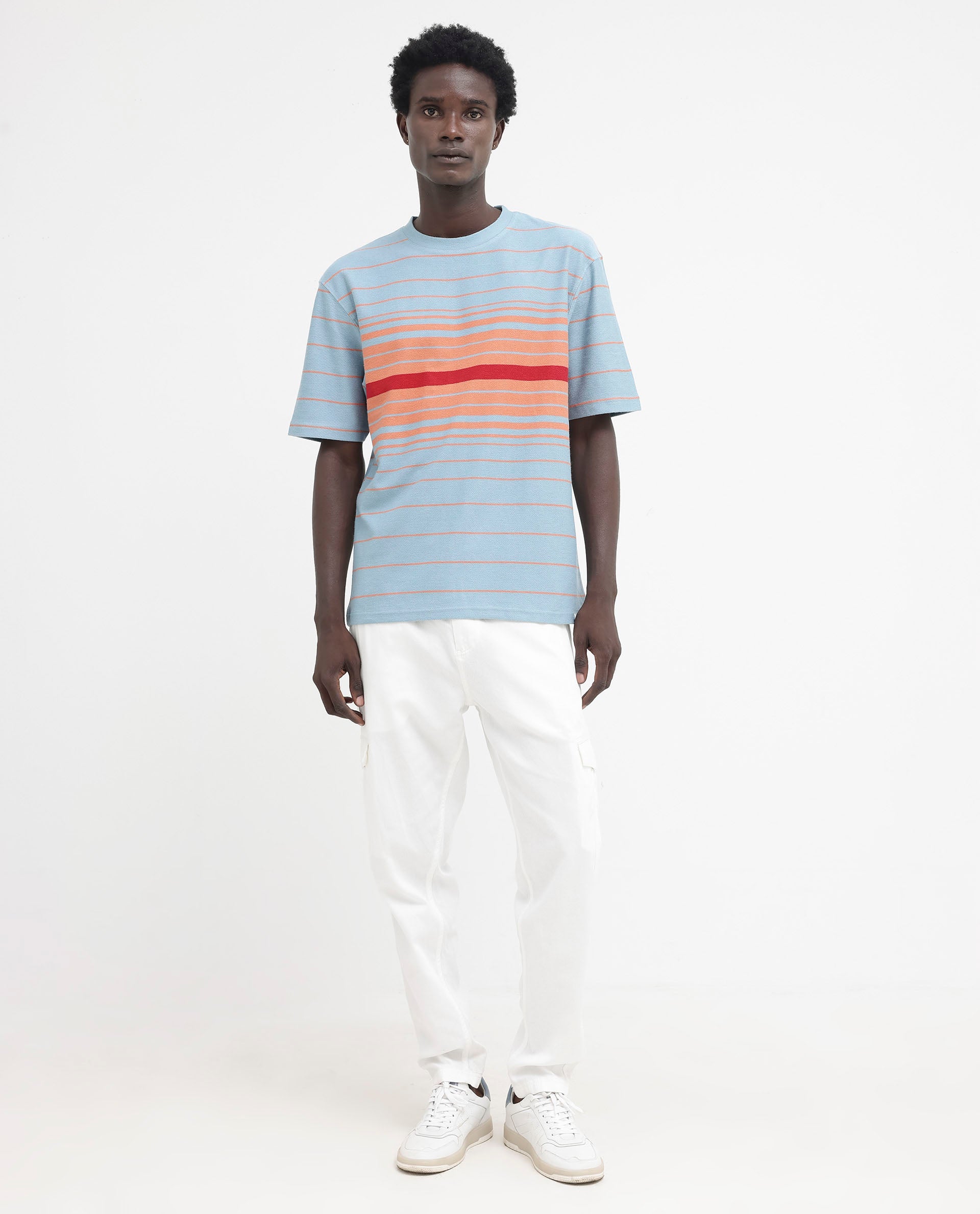 Rare Rabbit Mens Kot Dusky Blue Cotton Fabric Short Sleeves Oversized Fit Stripe T-Shirt