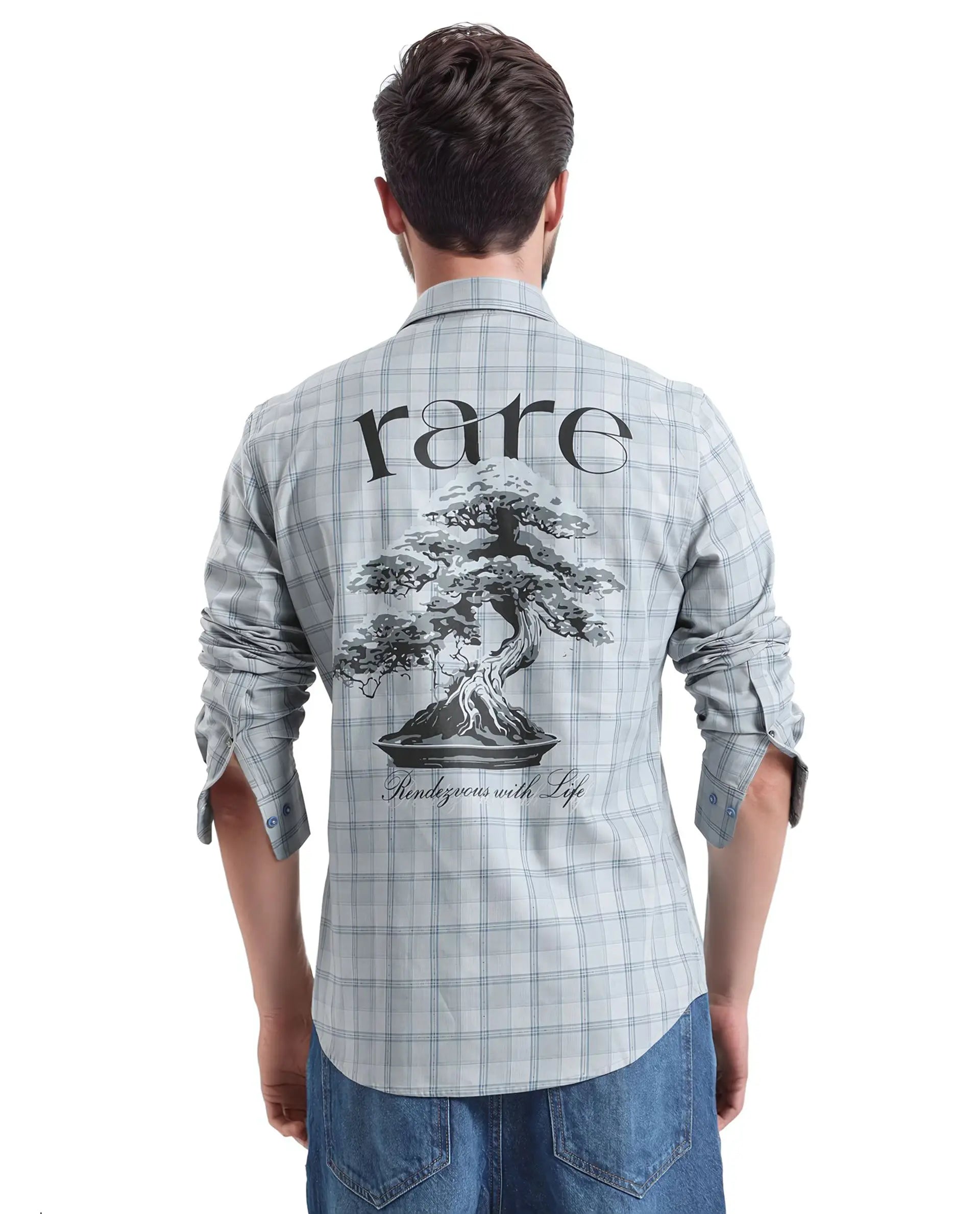 Rare Rabbit Men's Koten Grey Cotton Fabric Full Sleeve Button Closure Regular Fit Floral Back Print Checks Shirt