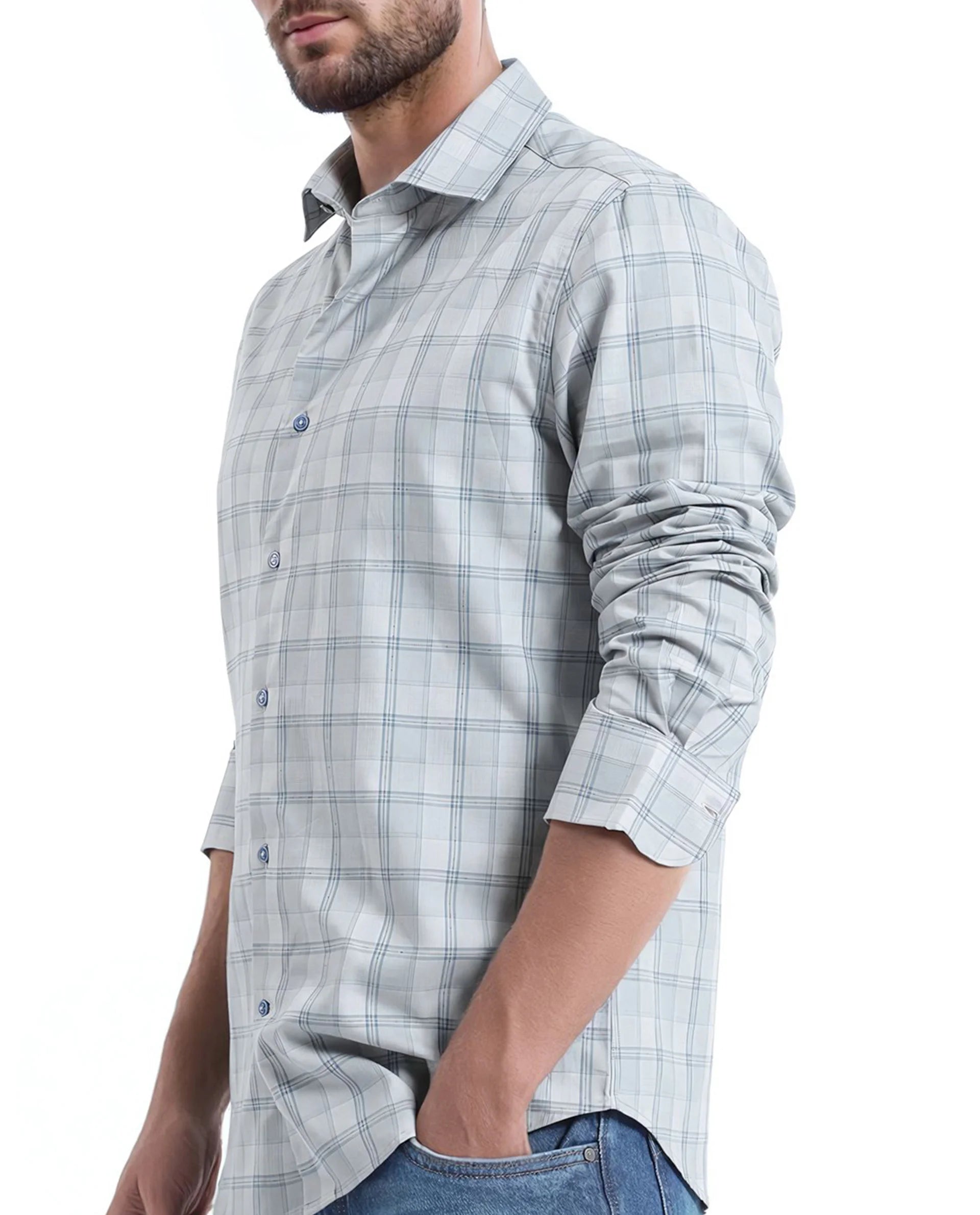 Rare Rabbit Men's Koten Grey Cotton Fabric Full Sleeve Button Closure Regular Fit Floral Back Print Checks Shirt