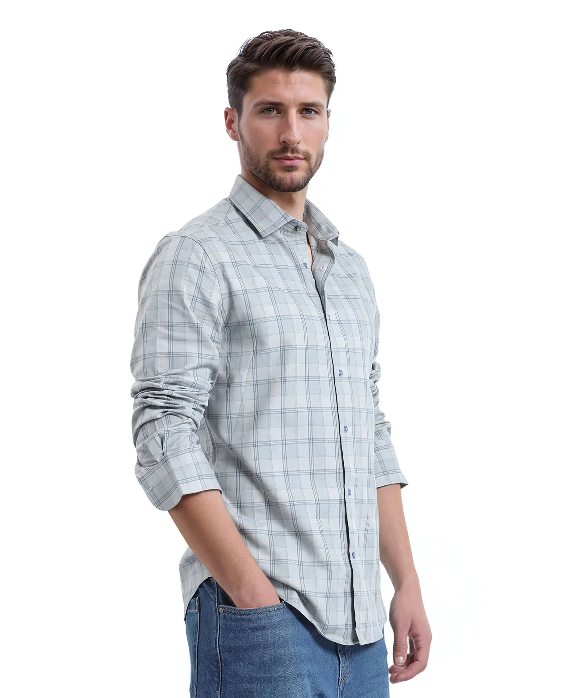 Rare Rabbit Men's Koten Grey Cotton Fabric Full Sleeve Button Closure Regular Fit Floral Back Print Checks Shirt