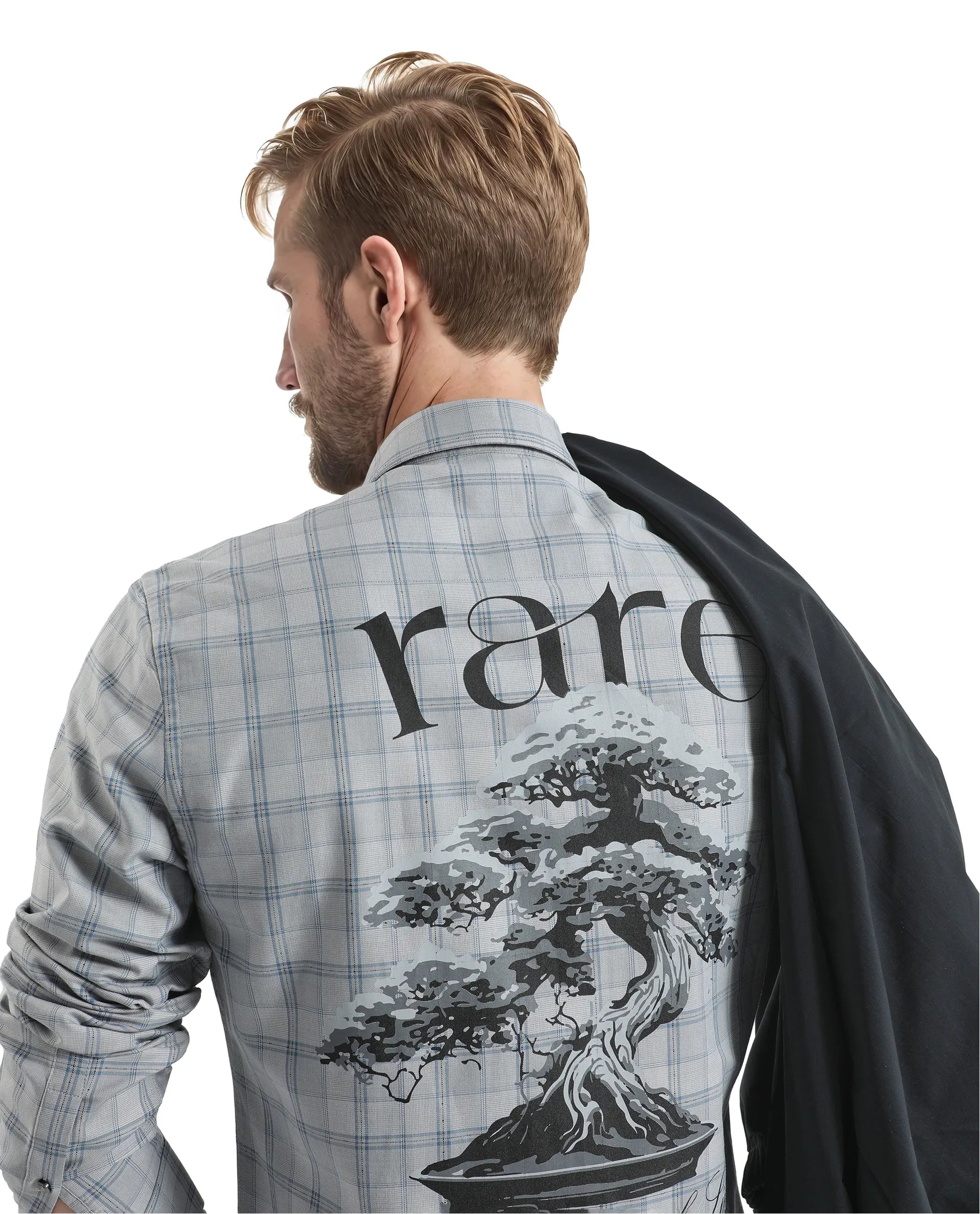 Rare Rabbit Men's Koten Grey Cotton Fabric Full Sleeve Button Closure Regular Fit Floral Back Print Checks Shirt