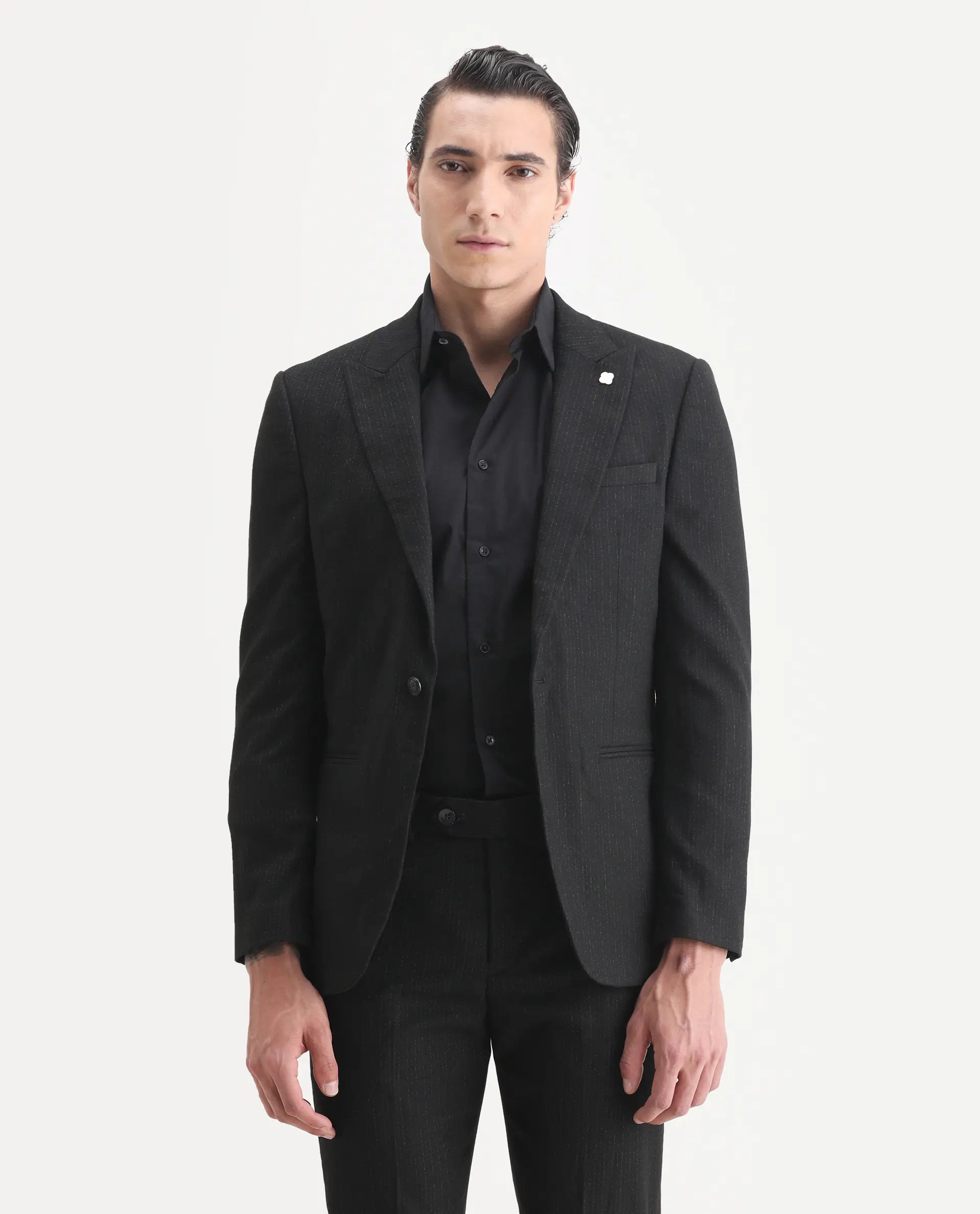 Rare Rabbit Men's Kove Black Polyester Striped Print Tailored Fit Full Sleeve Lapel Neck Suits