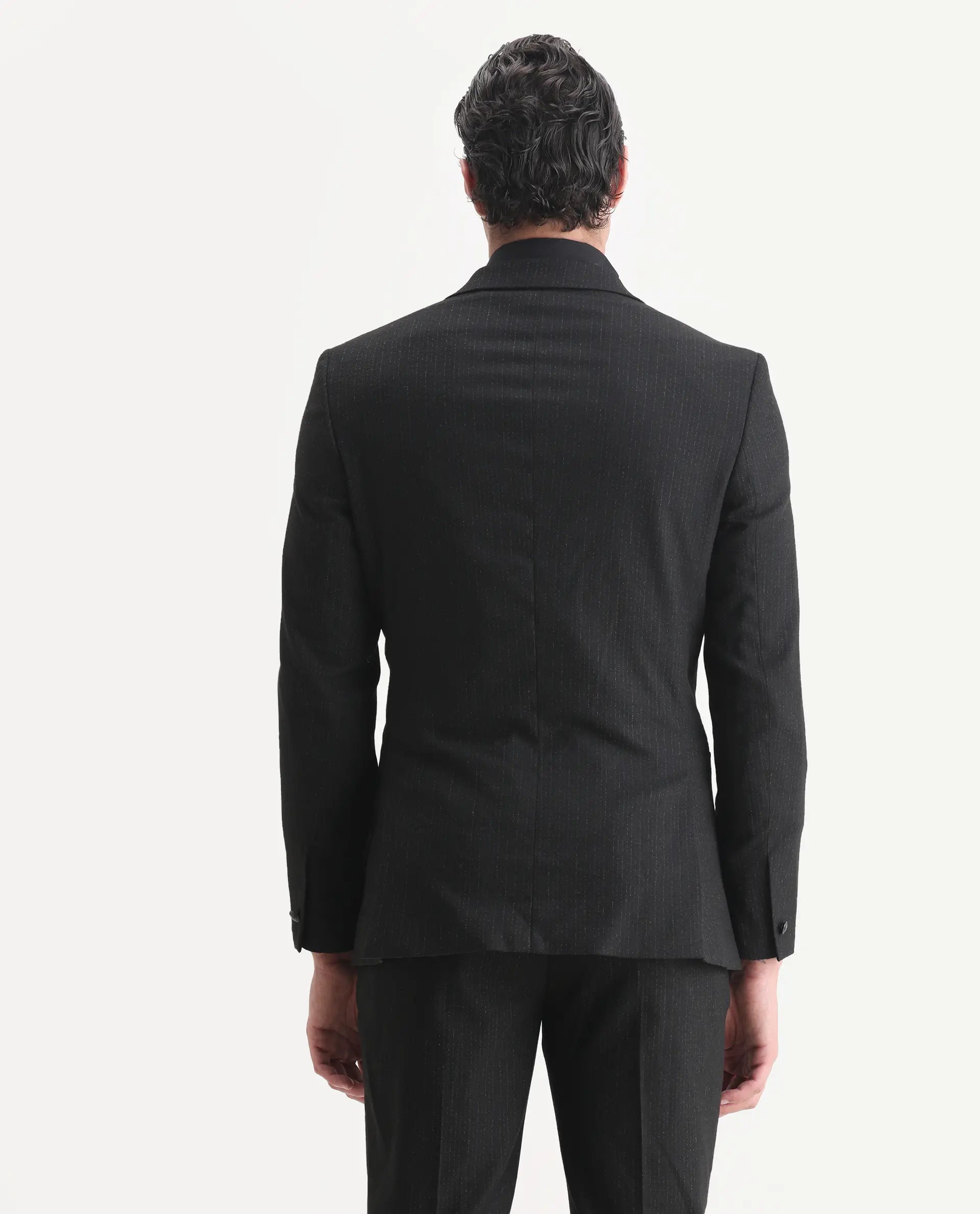 Rare Rabbit Men's Kove Black Polyester Striped Print Tailored Fit Full Sleeve Lapel Neck Suits