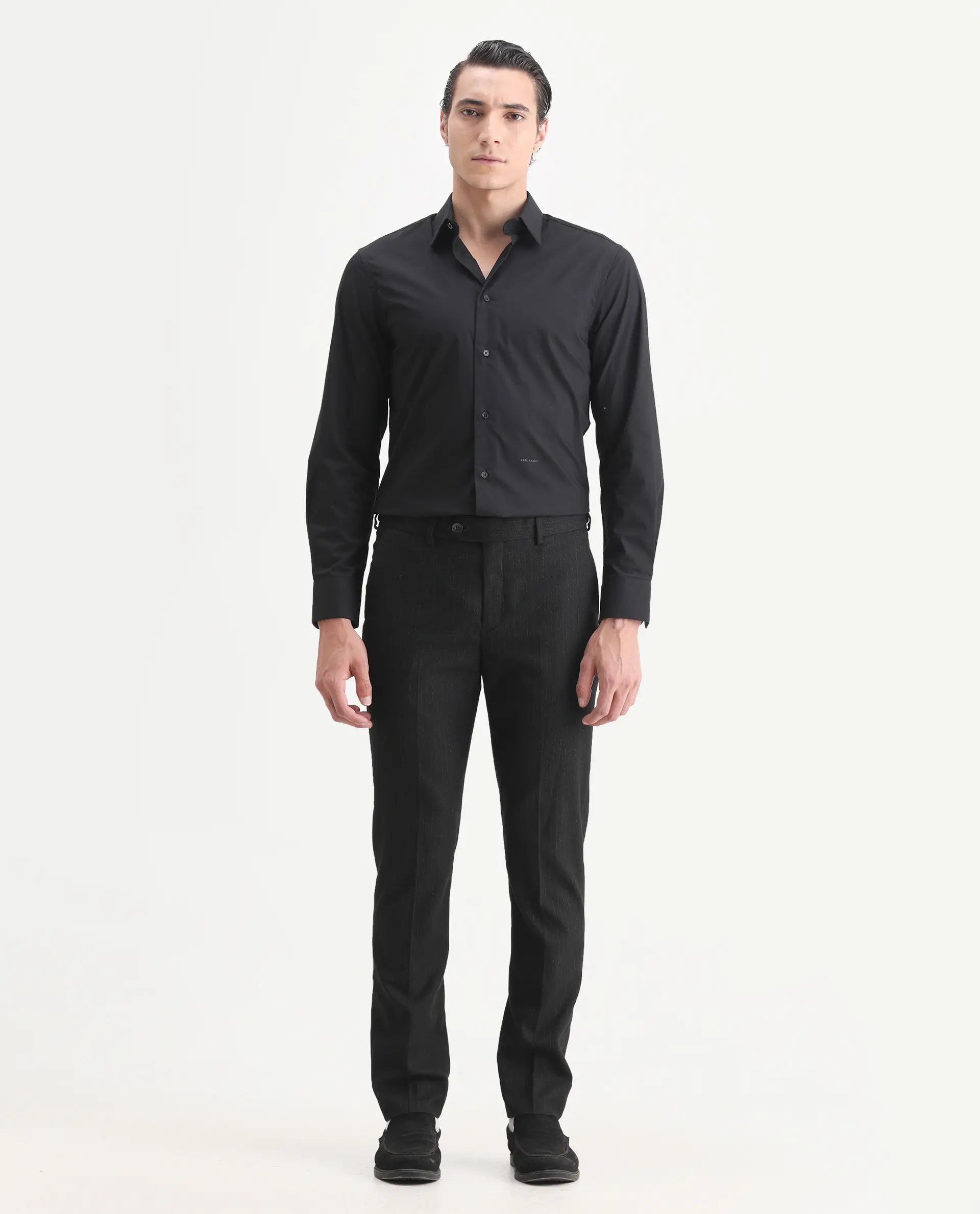 Rare Rabbit Men's Kove Black Polyester Striped Print Tailored Fit Full Sleeve Lapel Neck Suits