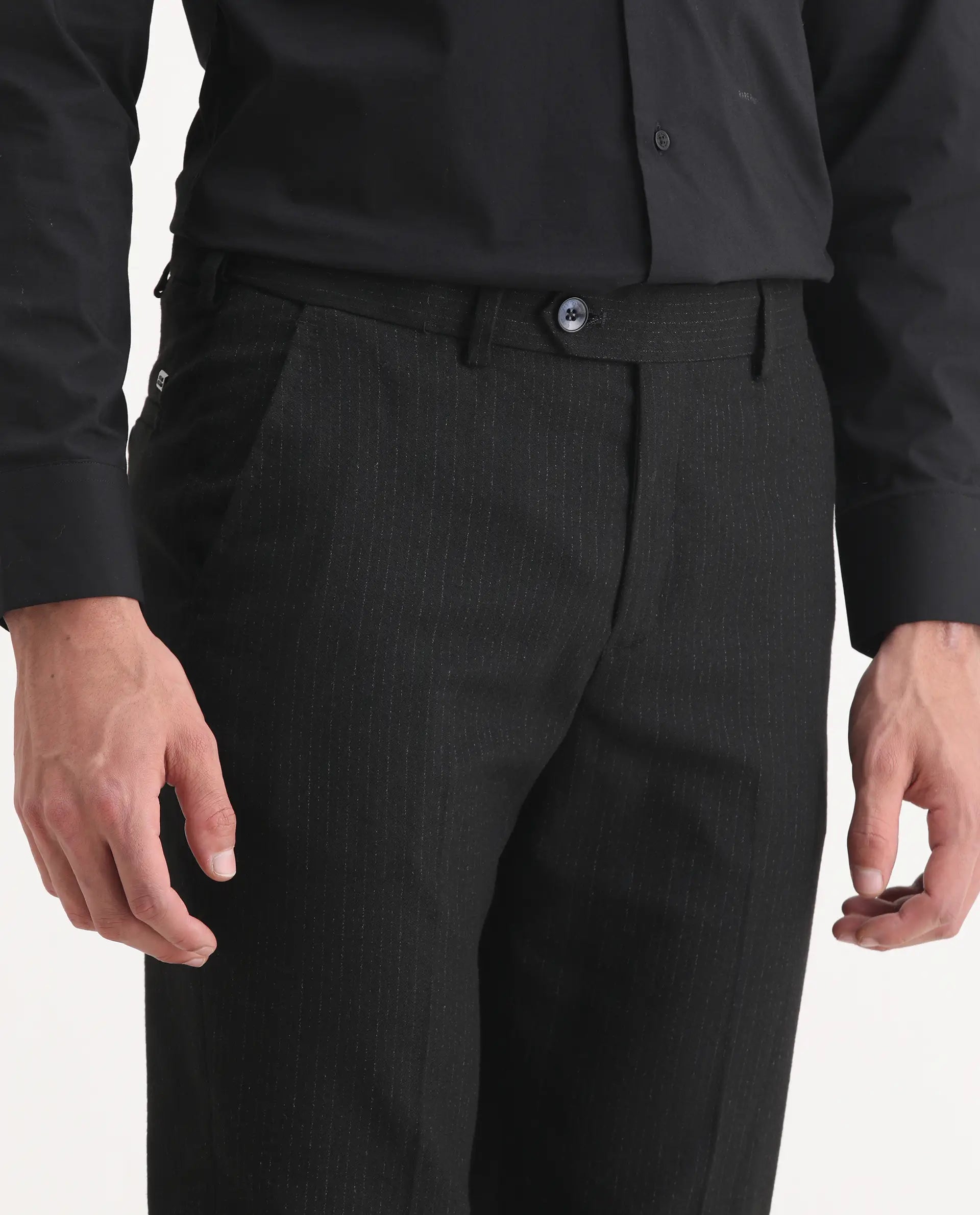 Rare Rabbit Men's Kove Black Polyester Striped Print Tailored Fit Full Sleeve Lapel Neck Suits