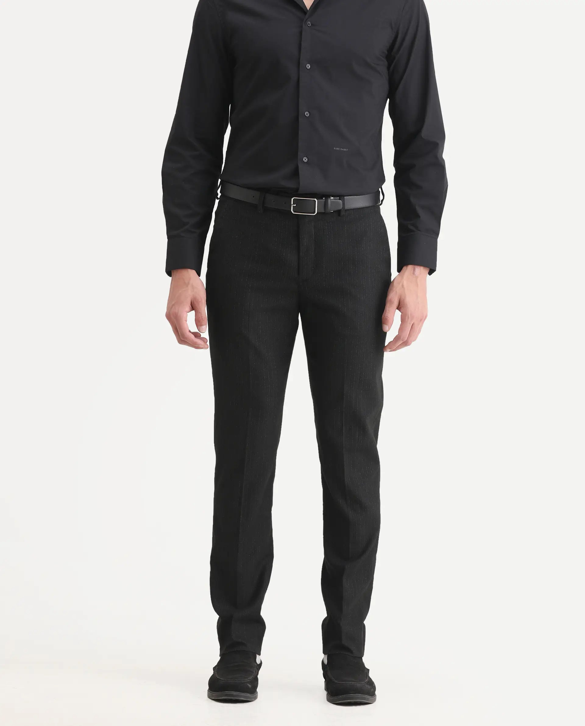 Rare Rabbit Men's Kove Black Polyester Striped Print Tailored Fit Full Sleeve Lapel Neck Suits