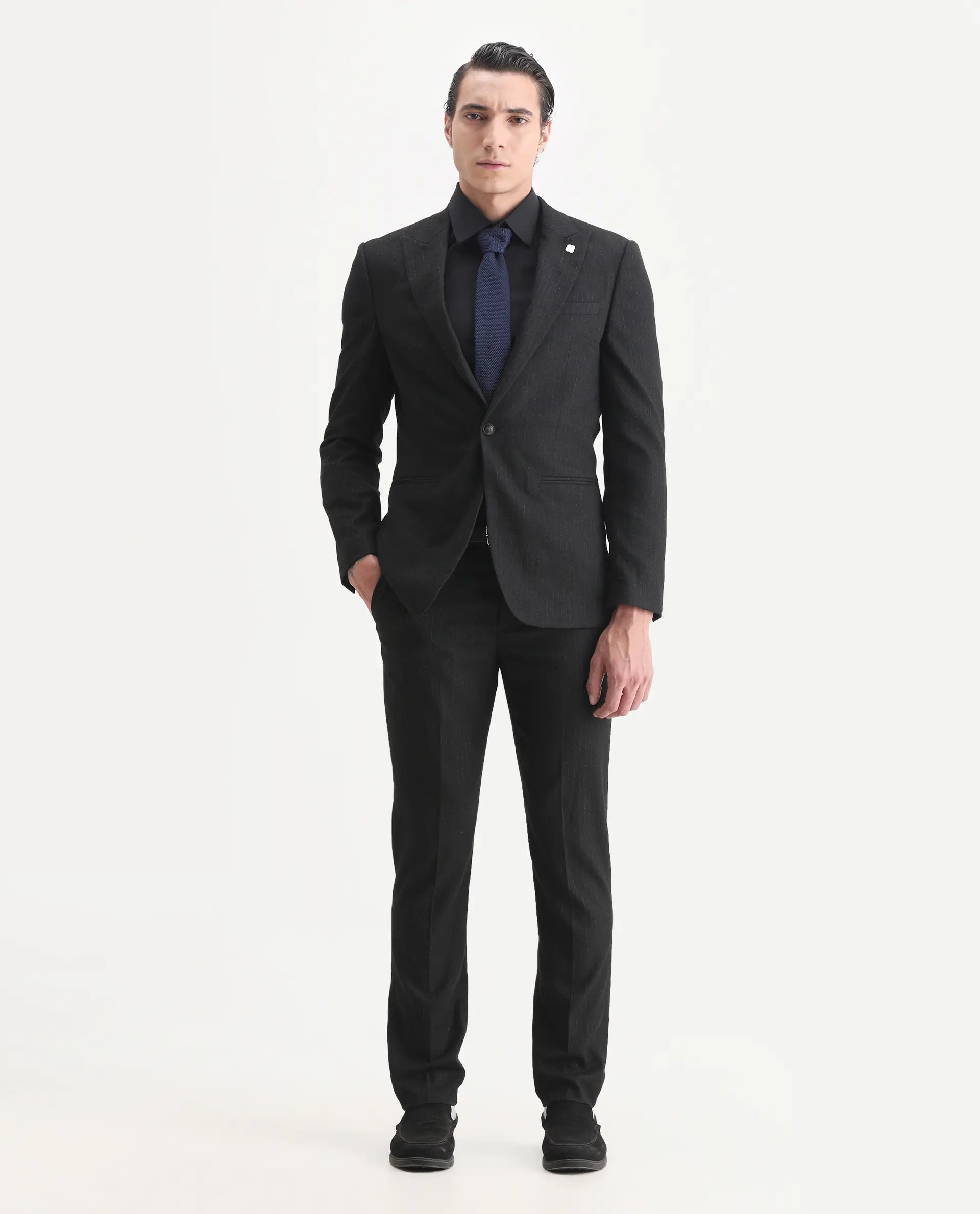 Rare Rabbit Men's Kove Black Polyester Striped Print Tailored Fit Full Sleeve Lapel Neck Suits