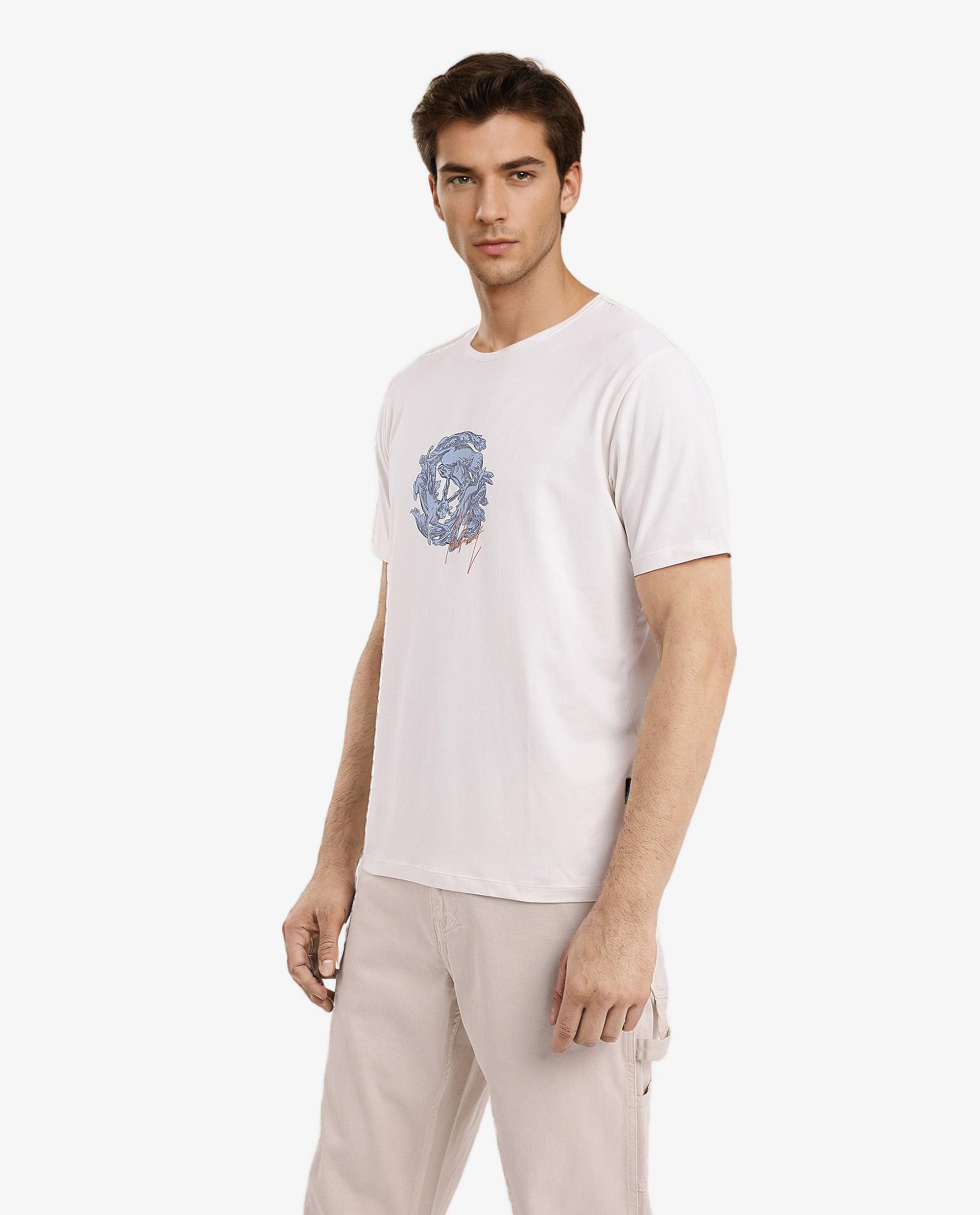 Rare Rabbit Men Kowl Off White Cotton Lycra Fabric Short Sleeve Crew Neck Regular Fit Graphic Print T-Shirt