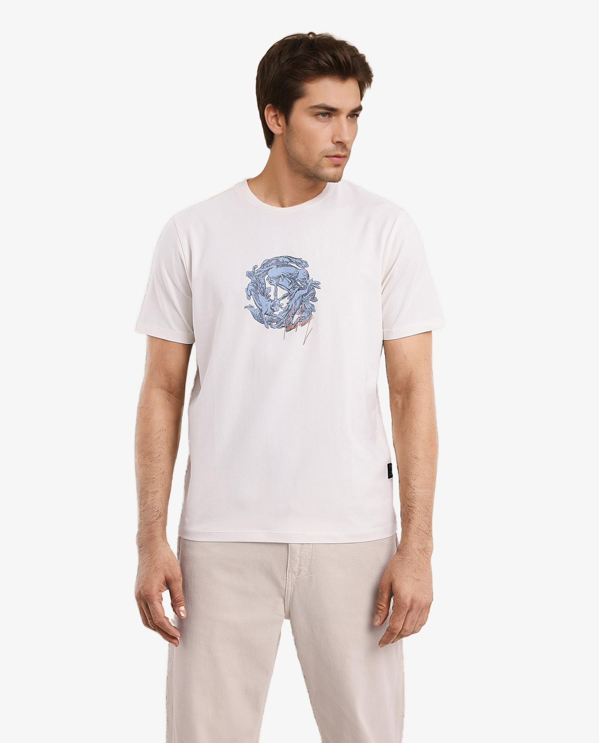 Rare Rabbit Men Kowl Off White Cotton Lycra Fabric Short Sleeve Crew Neck Regular Fit Graphic Print T-Shirt