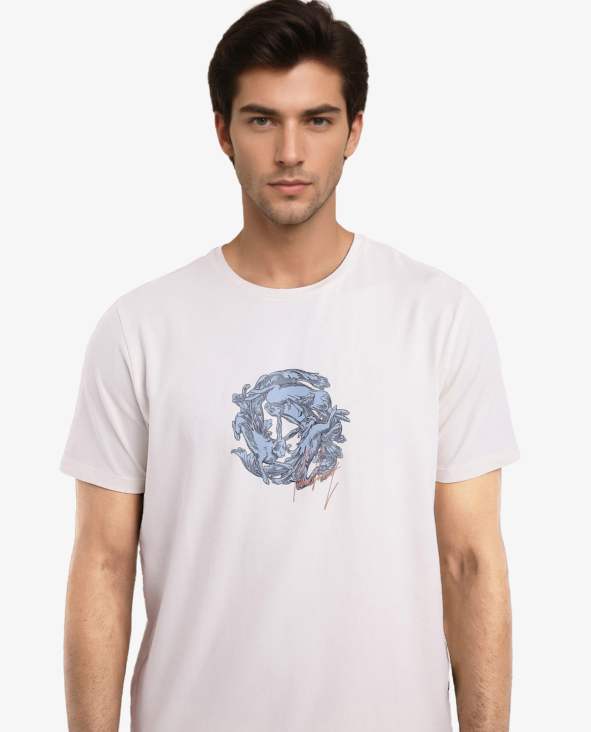 Rare Rabbit Men Kowl Off White Cotton Lycra Fabric Short Sleeve Crew Neck Regular Fit Graphic Print T-Shirt